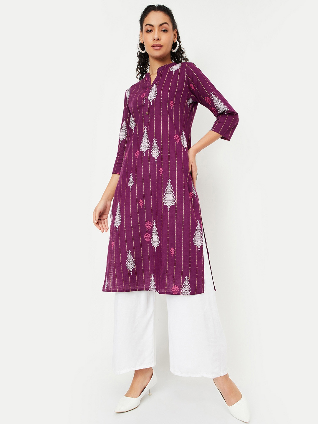 

max Ethnic Motifs Woven Design Mandarin Collar Straight Kurta, Purple