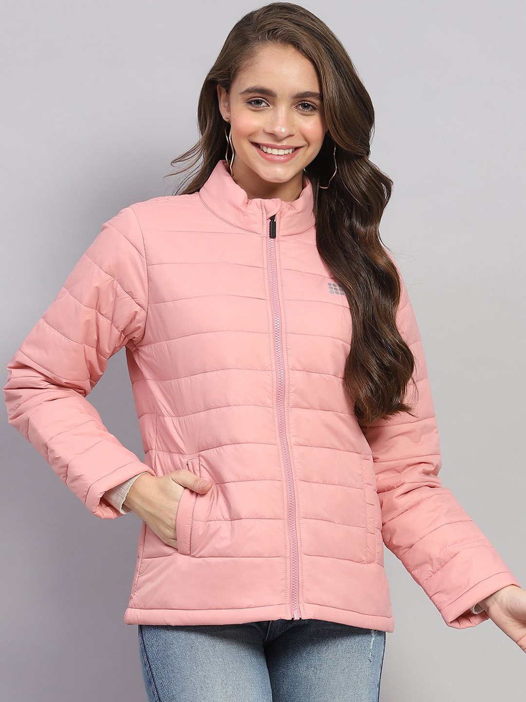 

rock.it Women Mock Collar Solid Nylon Casual Padded Jacket, Peach