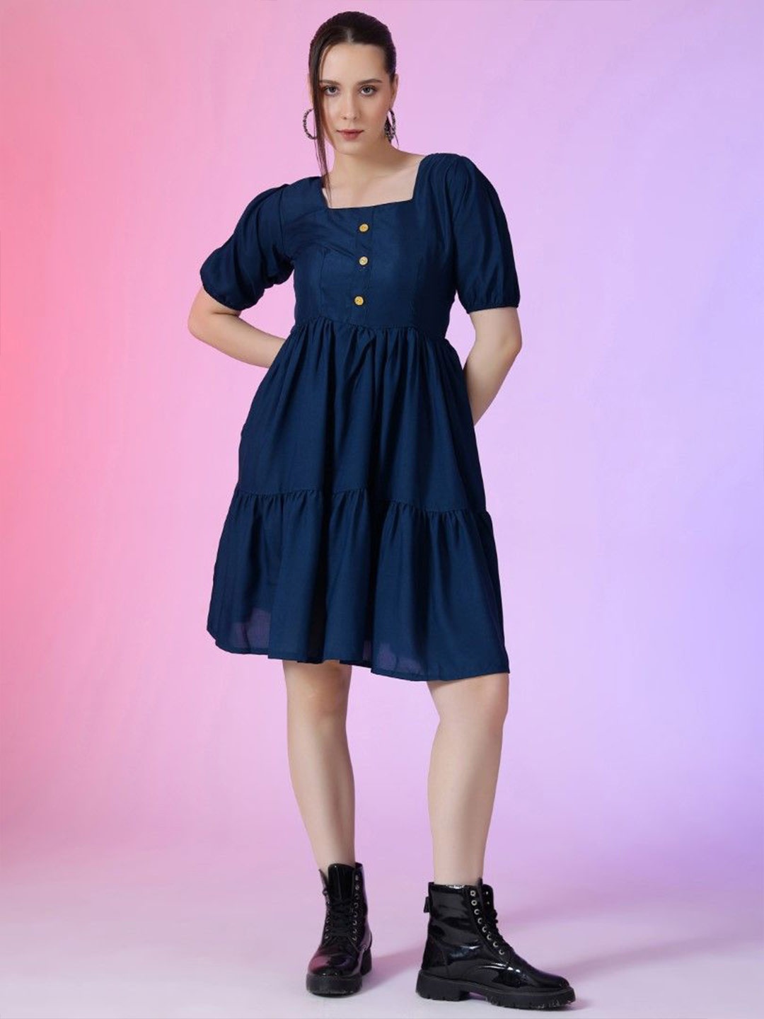 

Krunal Raiyani Women Puff Sleeve Applique Fit & Flare Dress, Blue