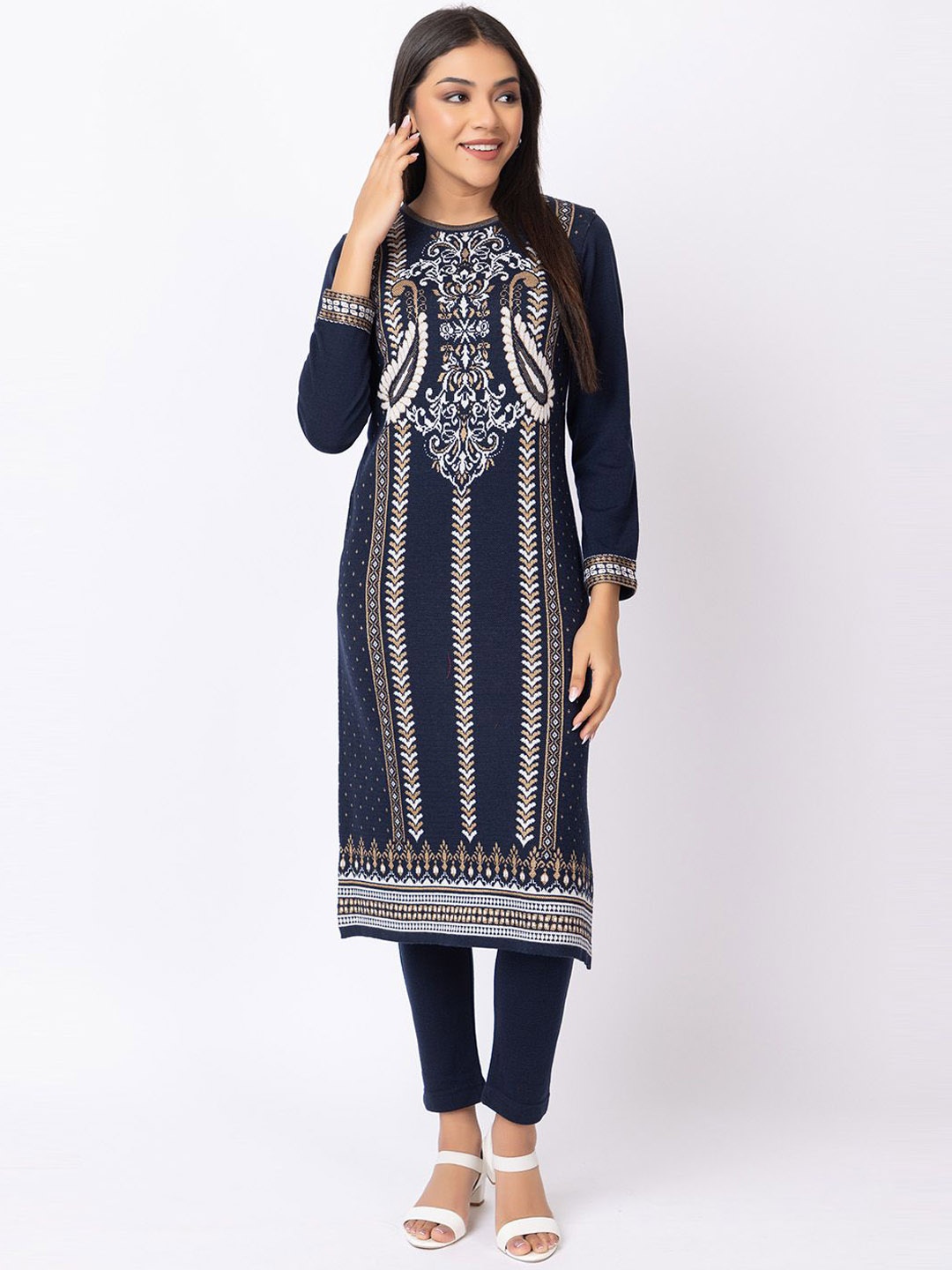 

KEIKO Ethnic Motifs Printed Round Neck Jacquard Straight Kurta, Navy blue