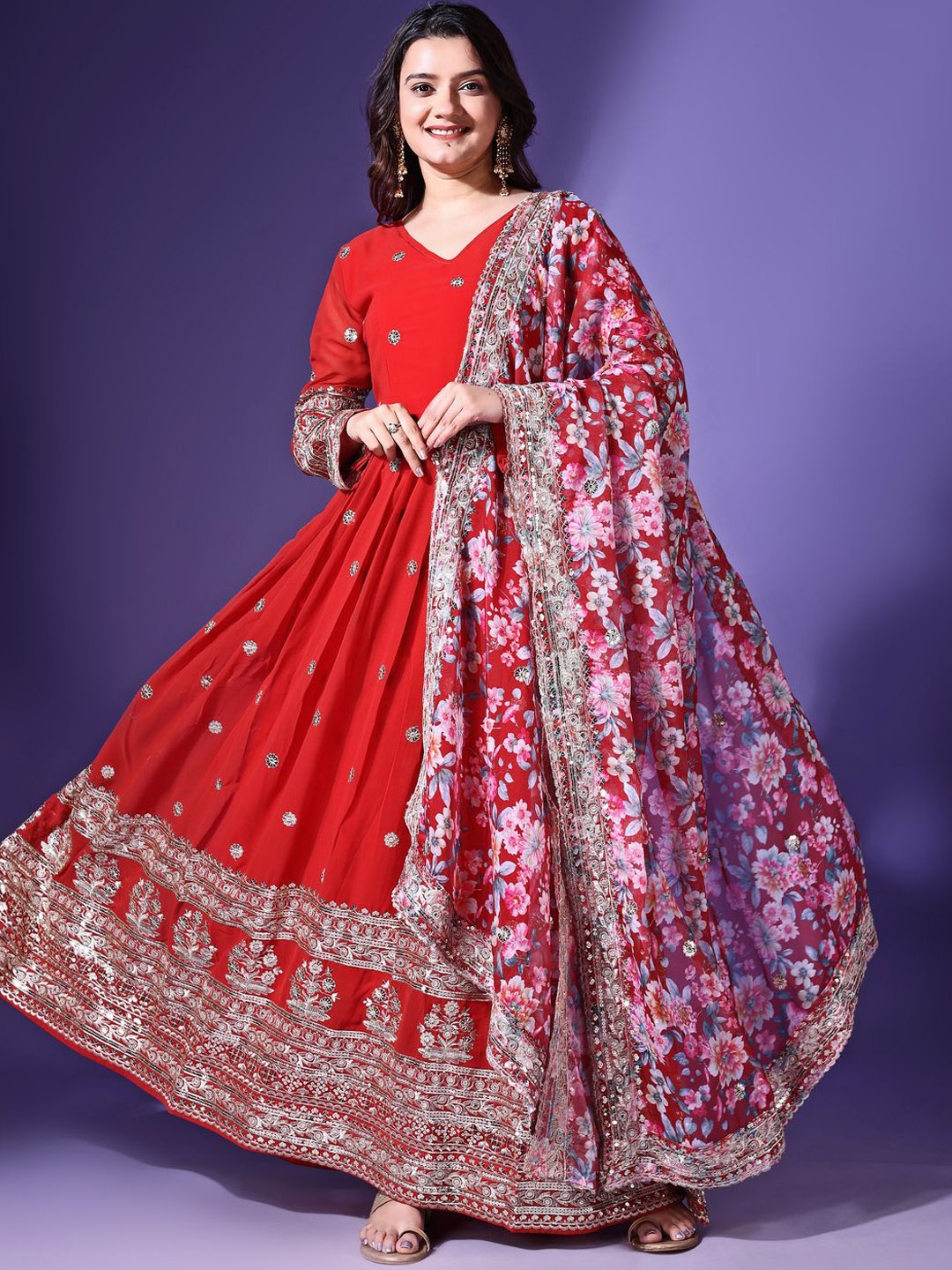 

Wedani Floral Embroidered V-Neck Georgette Ethnic Dress With Dupatta, Red