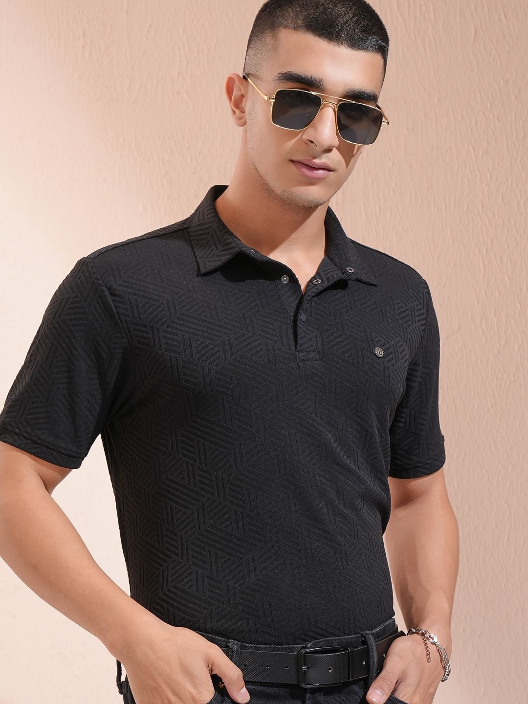 

HIGHLANDER Men Self Design Polo Collar T-shirt, Black