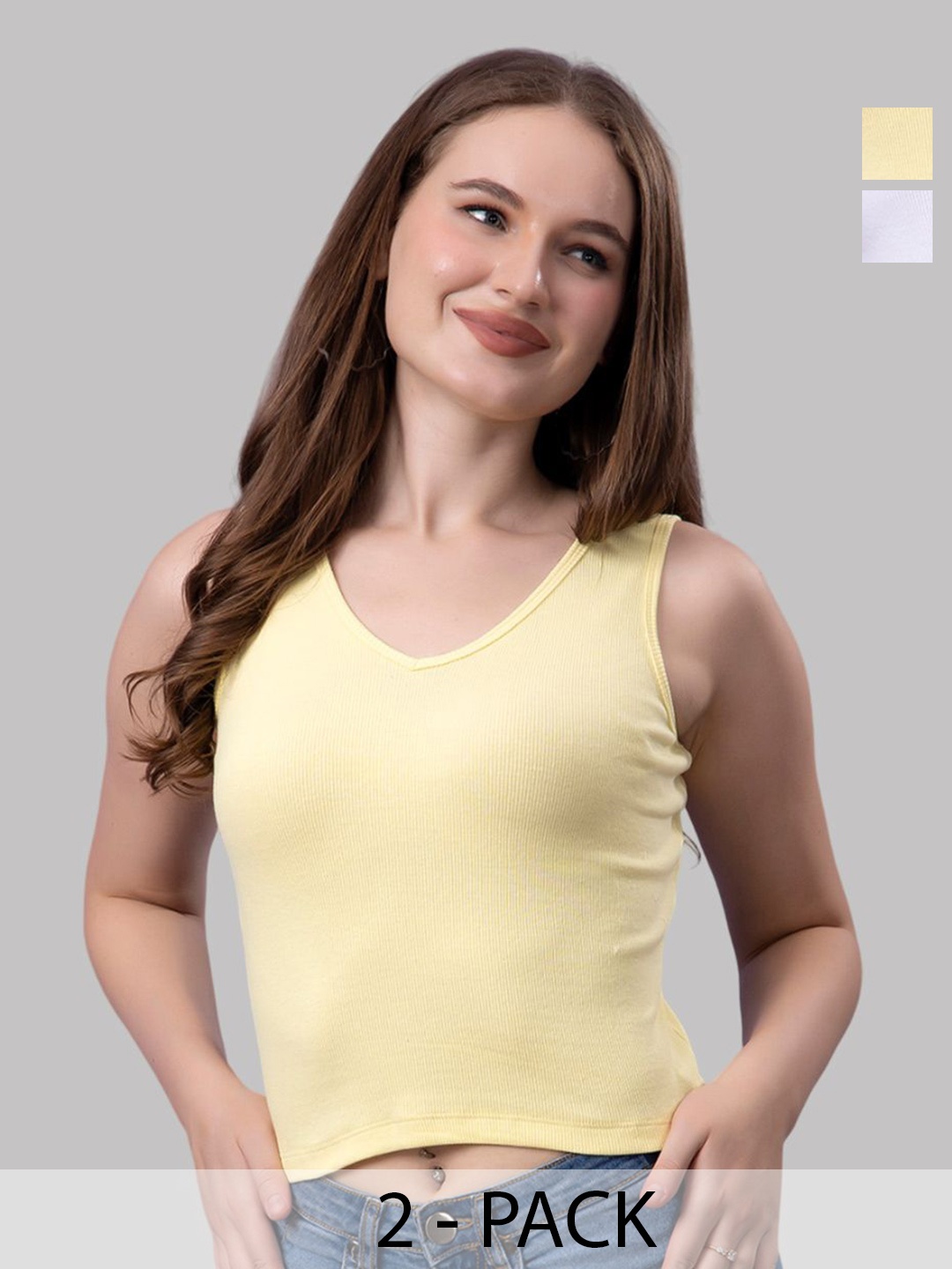

Friskers Women Pack Of 2 Solid V-Neck Cotton Tops, White