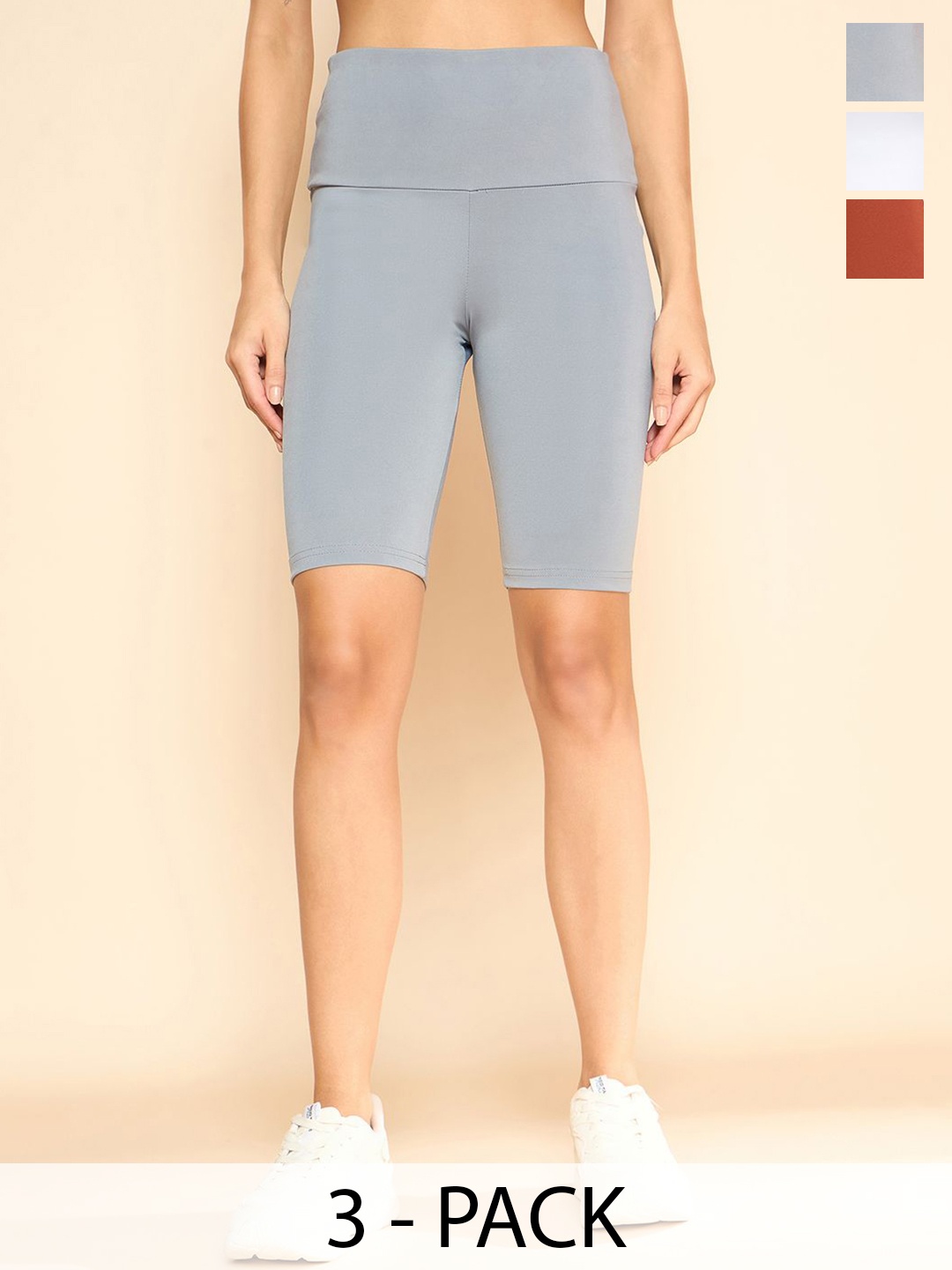 

COLOR CAPITAL Women Pack Of 3 Antimicrobial High Rise Above Knee Cycling Tights, Grey