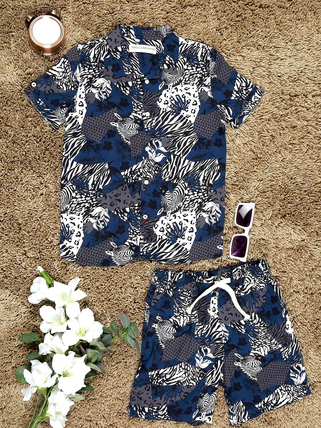 

The Lion and The Fish Boys Zebra Printed Shirt & Short Co-Ord Set, Navy blue