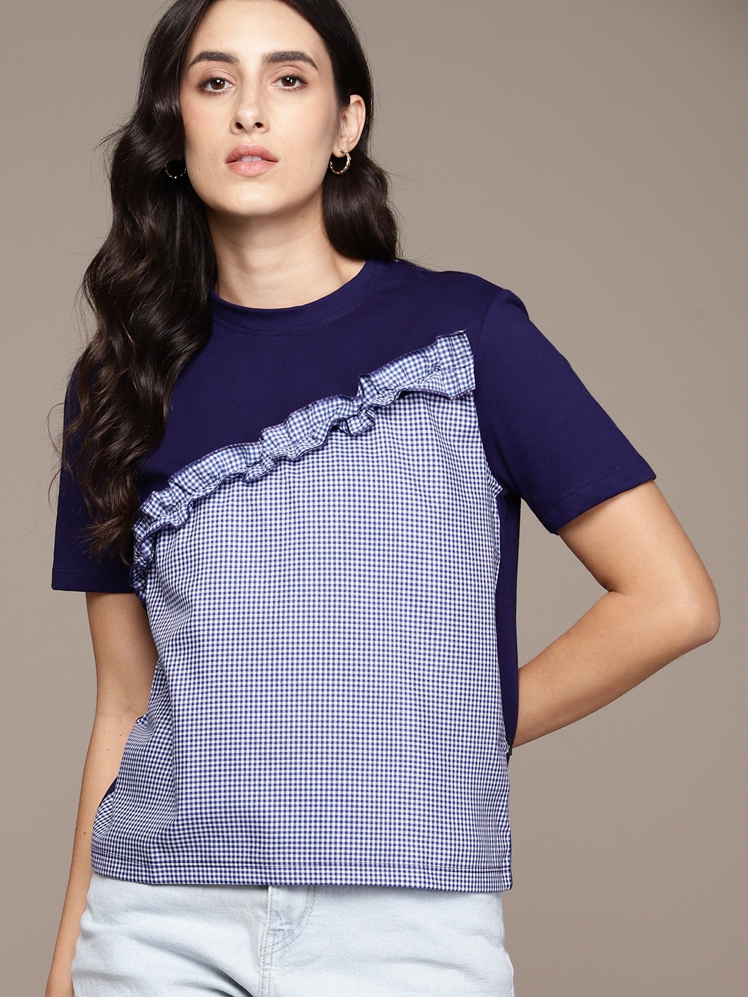 

The Roadster Lifestyle Co. Checked Ruffled T-shirt, Blue