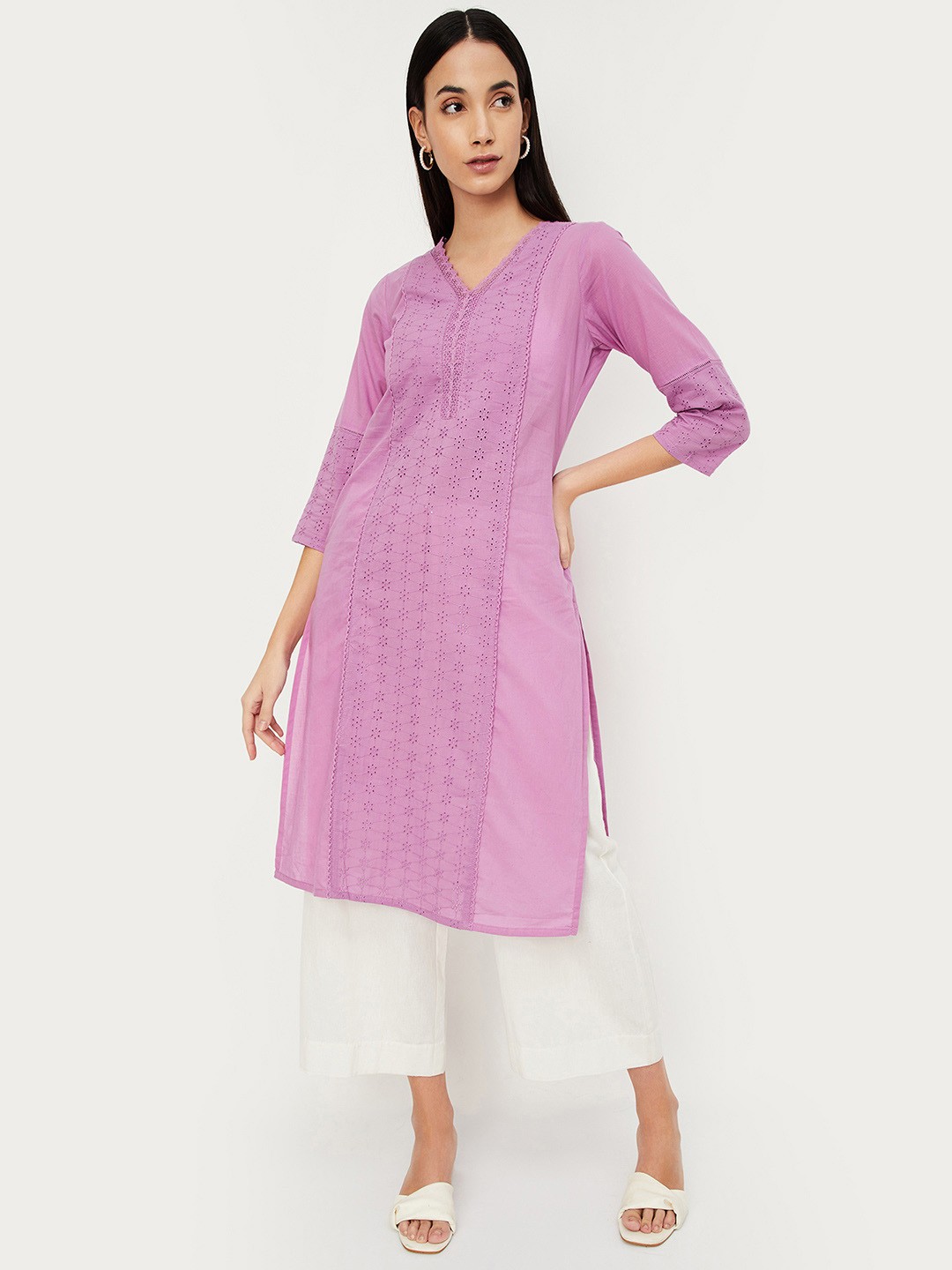 

max Women Cotton Thread Work Kurta, Purple