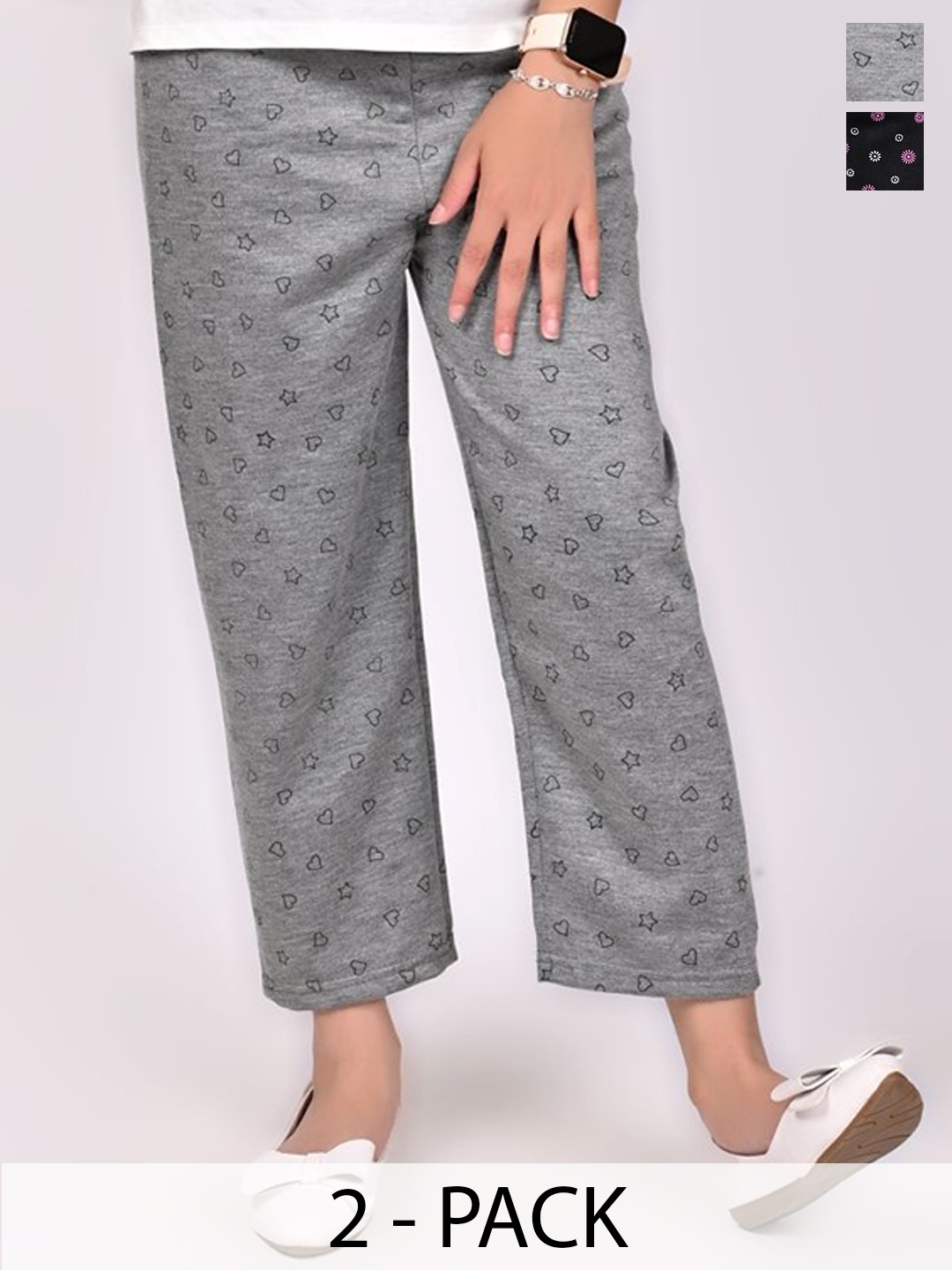

BAESD Pack Of 2 Girls Printed Cotton Regular Trousers, Grey