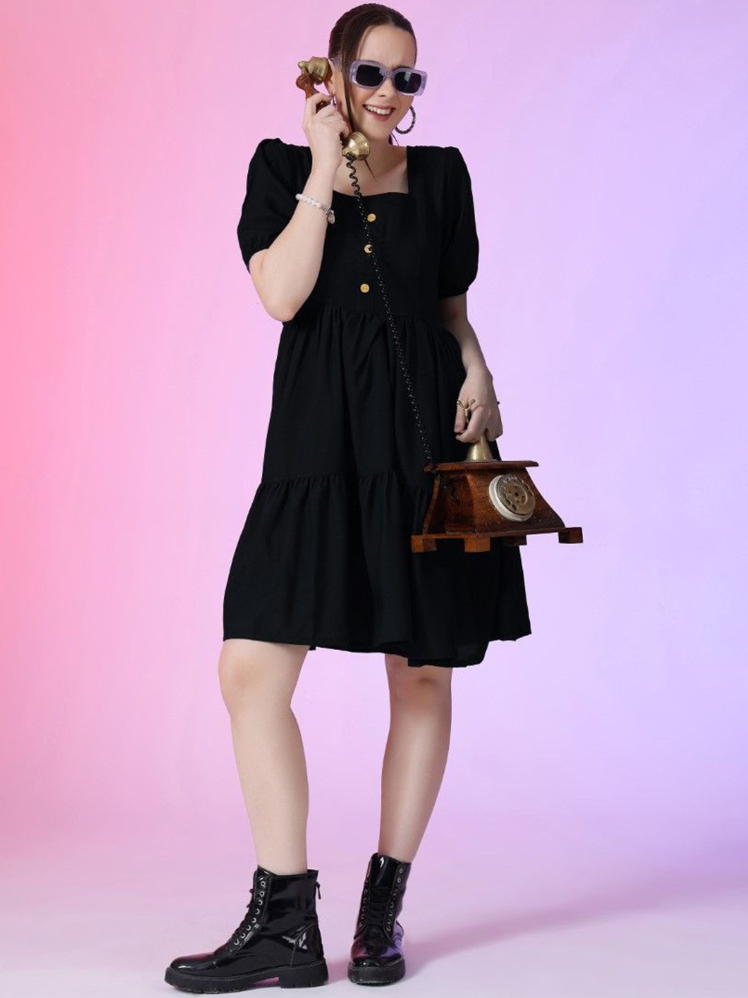 

Femvy Puff Sleeve Applique Fit & Flare Dress, Black