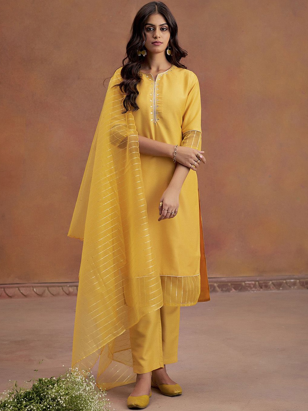 

Jaipur Kurti Floral Embroidered Sequinned Straight Kurta With Trousers & Dupatta, Mustard