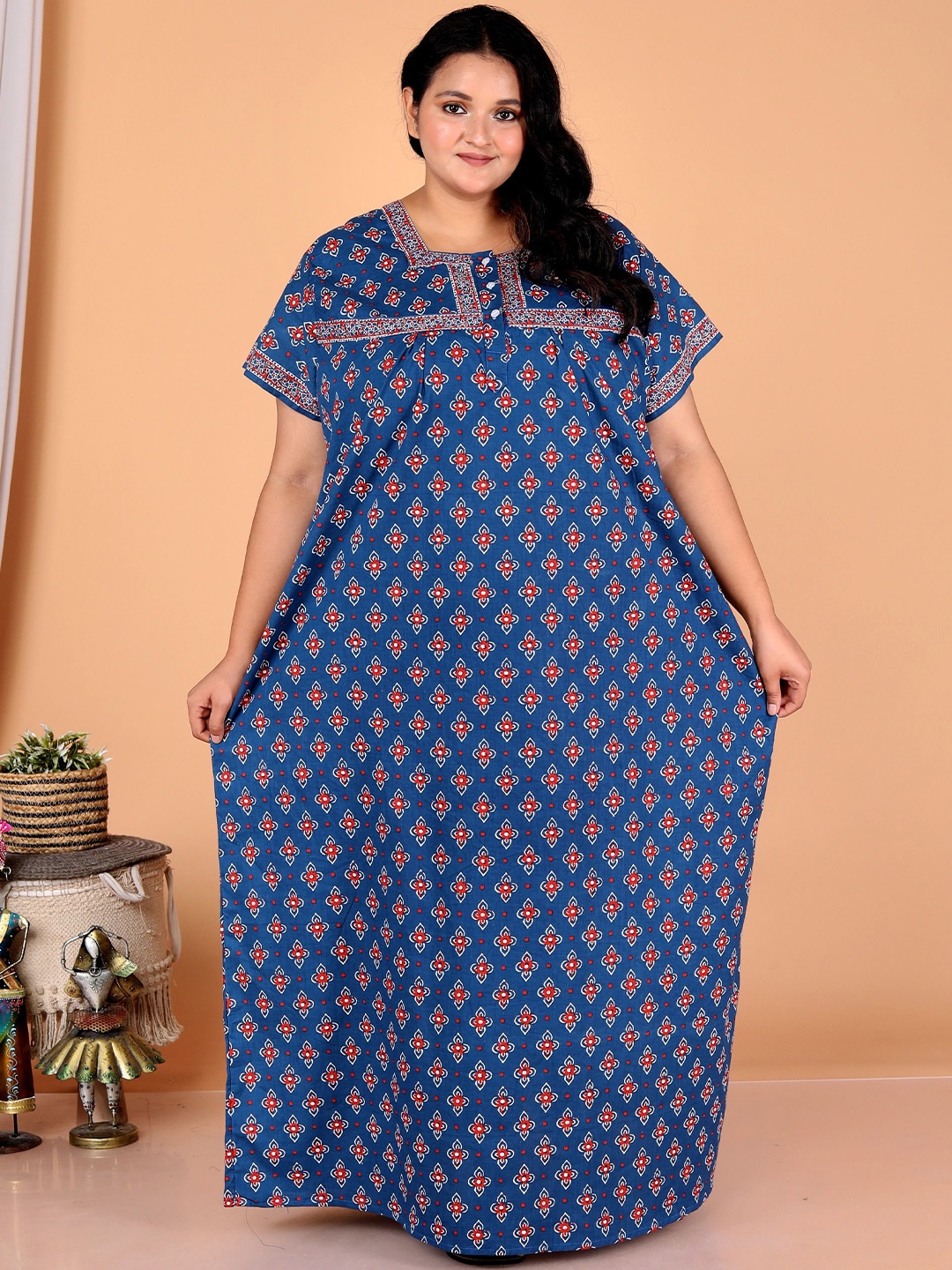 

JAIPZZ APPARELS Printed Maxi Nightdress, Blue