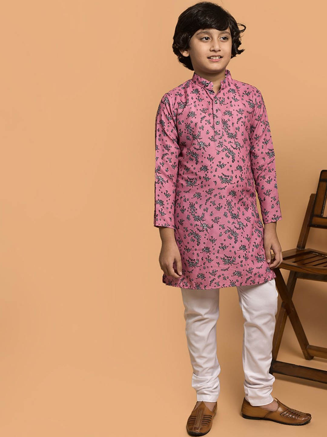 

PRINTCULTR Boys Floral Printed Band Collar Cotton Straight Kurta, Pink