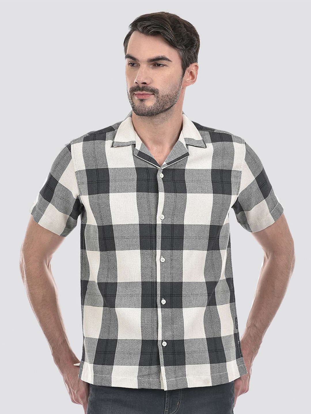 

Numero Uno Men Cuban Collar Gingham Checked Cotton Casual Shirt, Grey