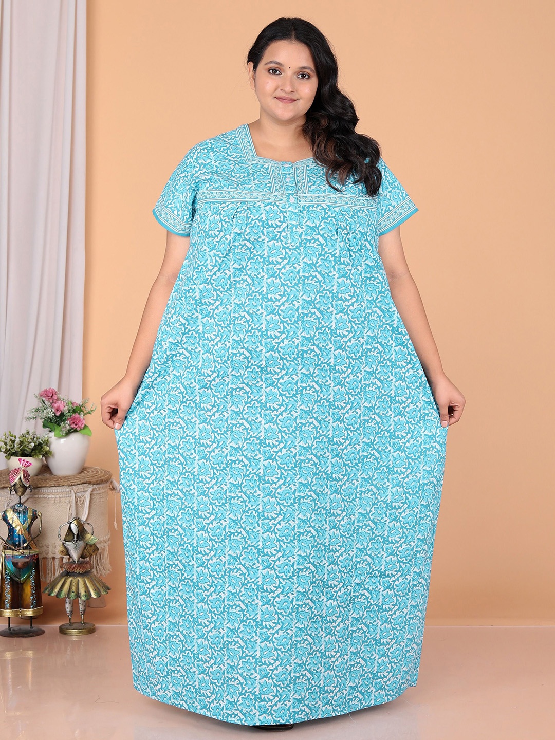 

JAIPZZ APPARELS Women Printed Maxi Nightdress, Turquoise blue