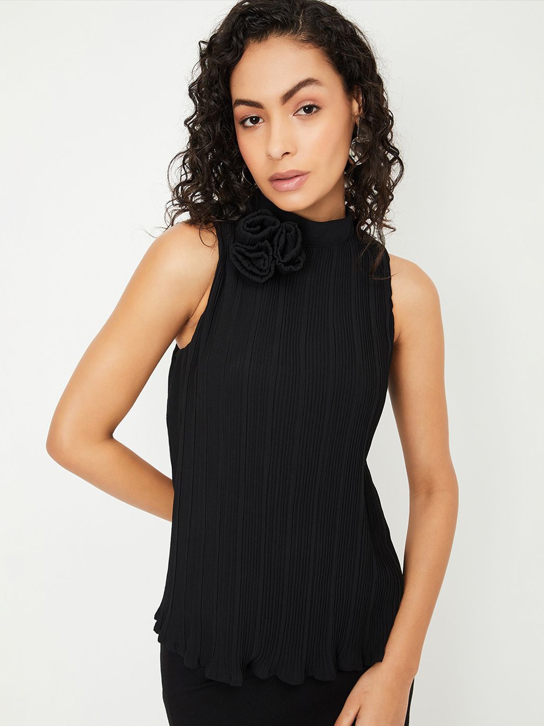 

max Women Self Design High Neck Top, Black