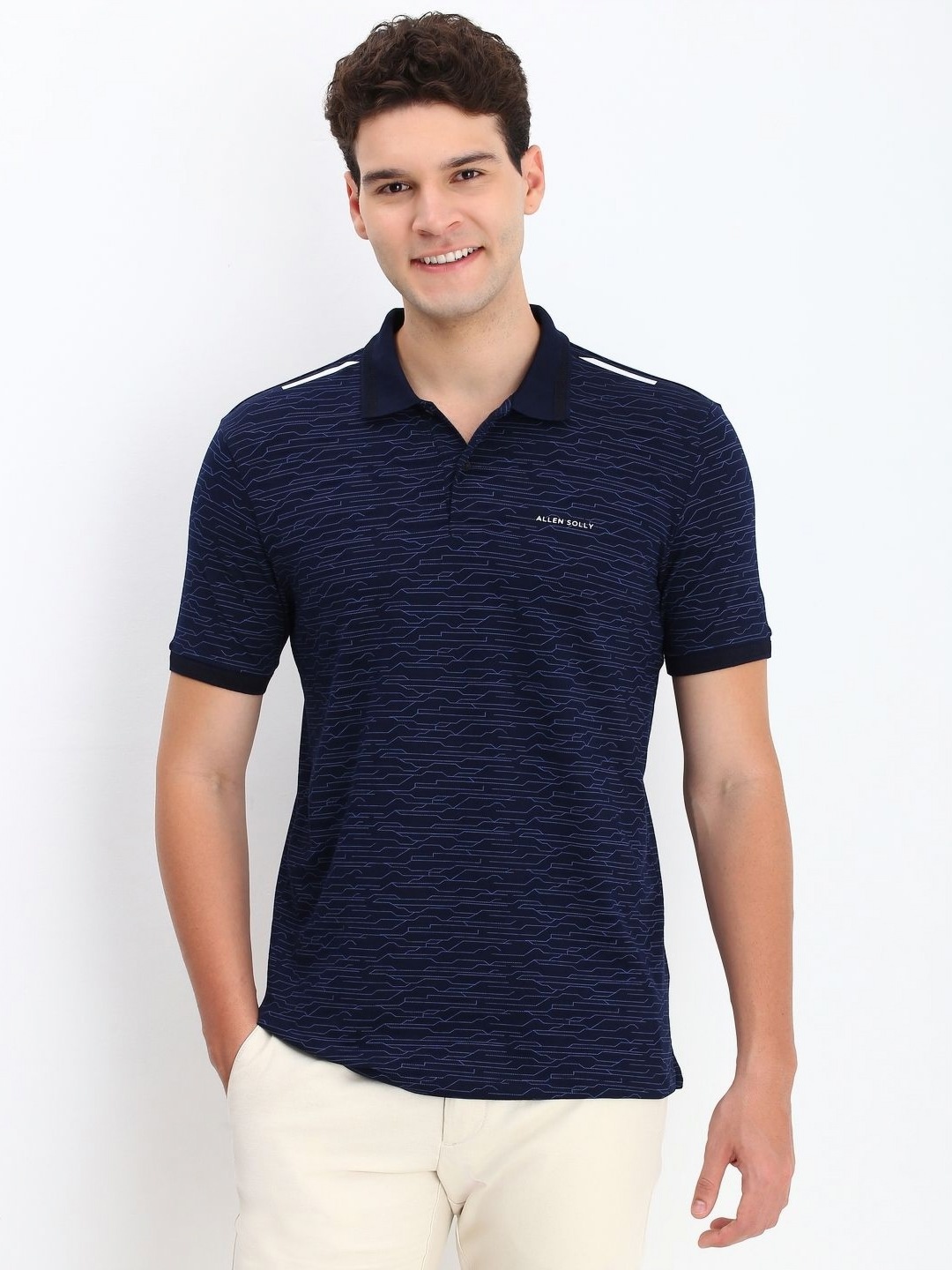 

Allen Solly Men Geometric Printed Polo Collar Cotton T-shirt, Navy blue