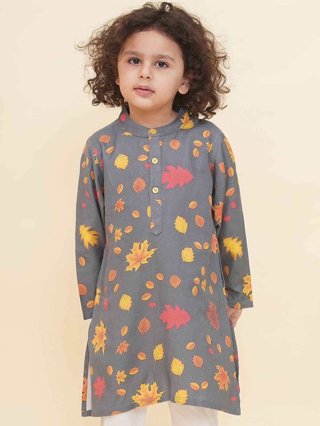 

Sethukrishna Boys Floral Printed Mandarin Collar Straight Kurta, Grey