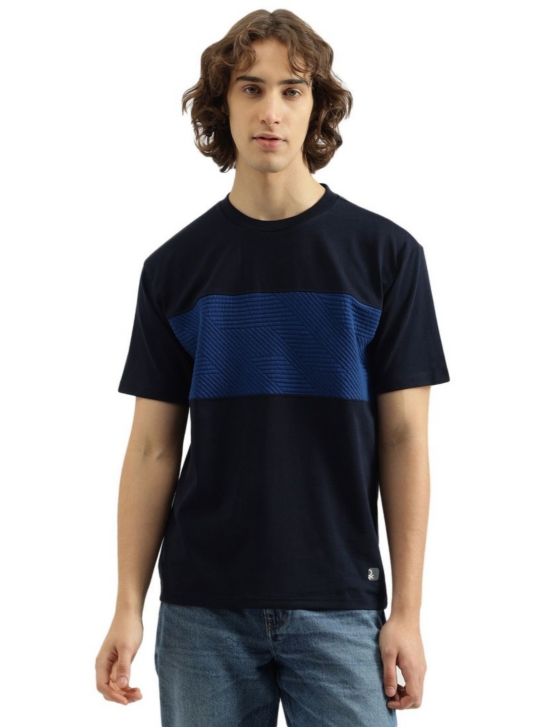 

United Colors of Benetton Men Colourblocked Round Neck Pure Cotton Boxy T-shirt, Blue