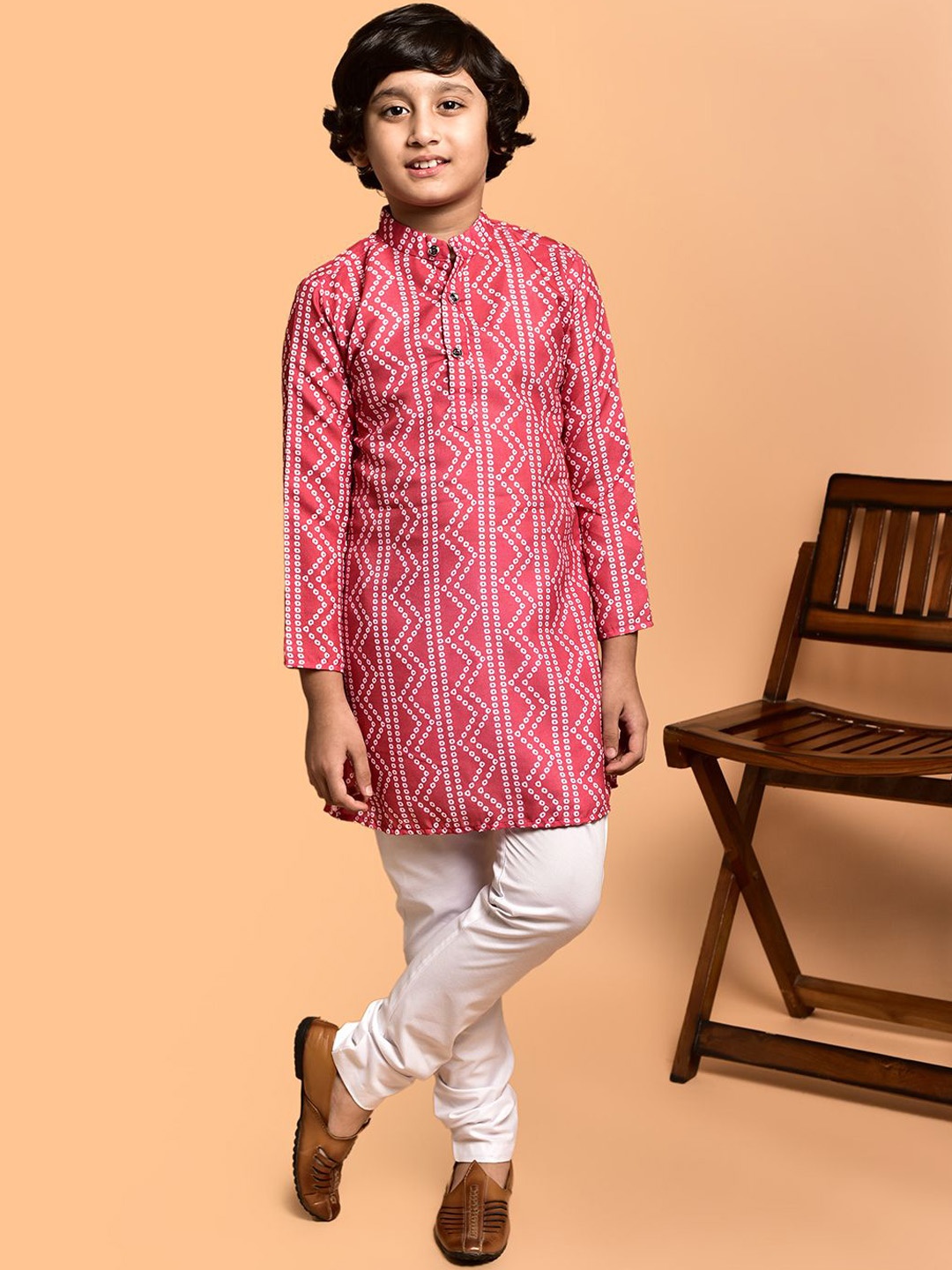 

PRINTCULTR Boys Bandhani Printed Mandarin Collar Cotton Straight Kurta, Red