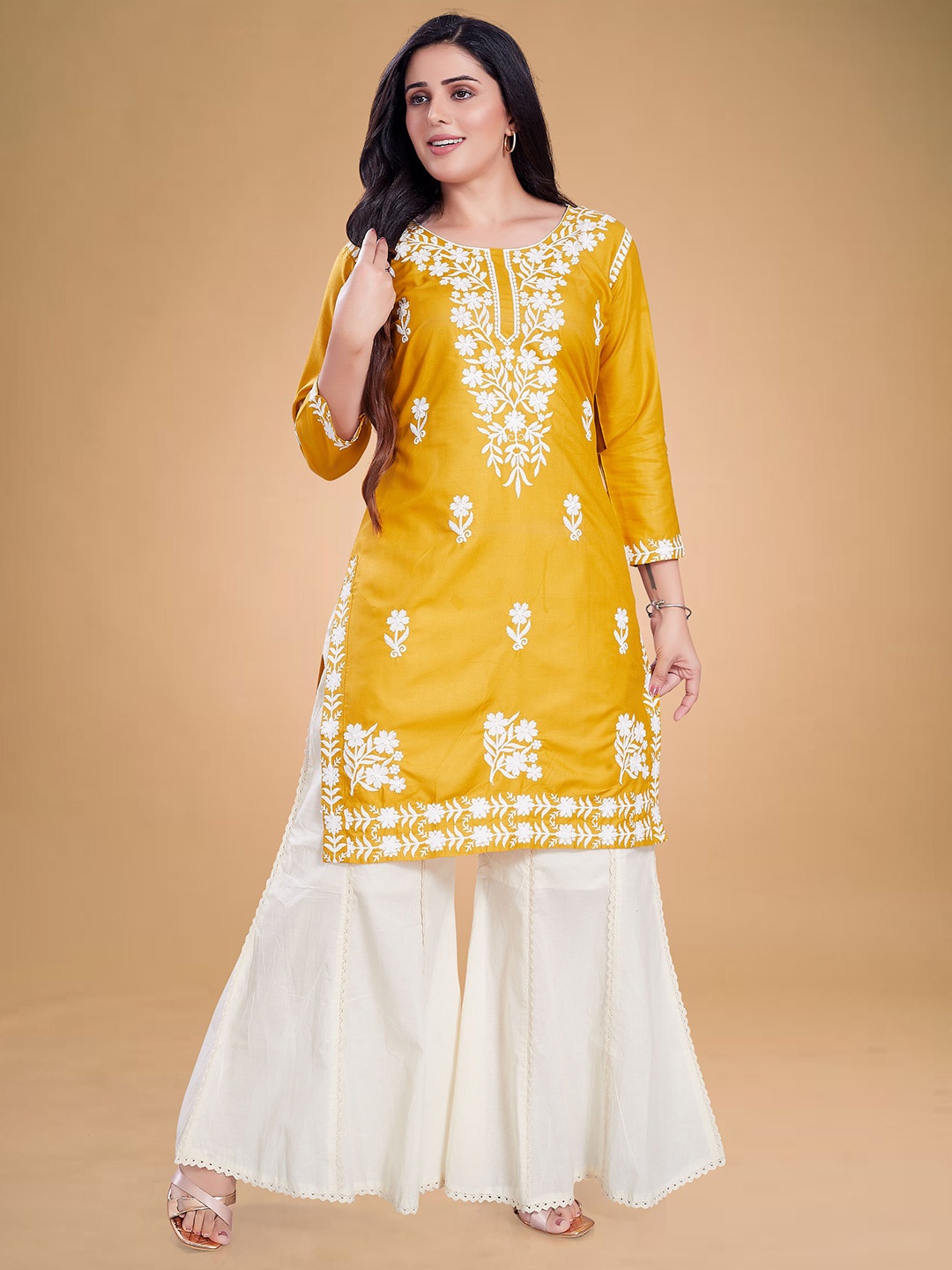 

Rani Saahiba Ethnic Motifs Chikankari Round Neck Straight Kurta, Mustard