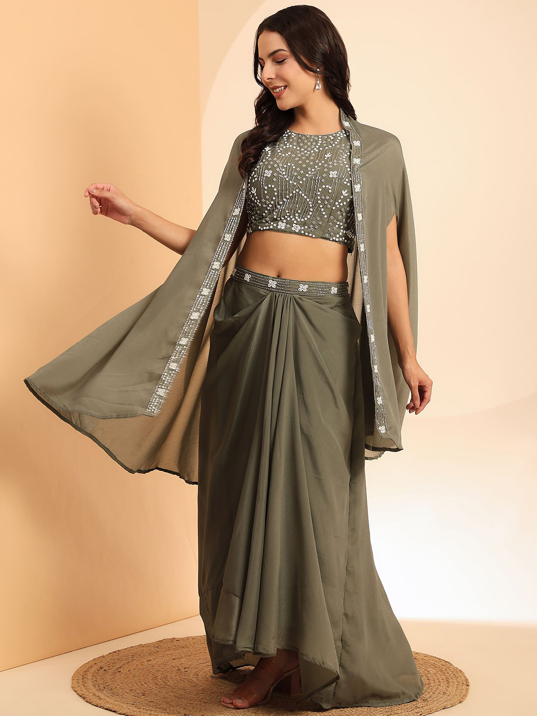 

AMOHA TRENDZ Women Embroidered Sleeveless Crop Top & Skirt With Shrug Co-Ords, Green