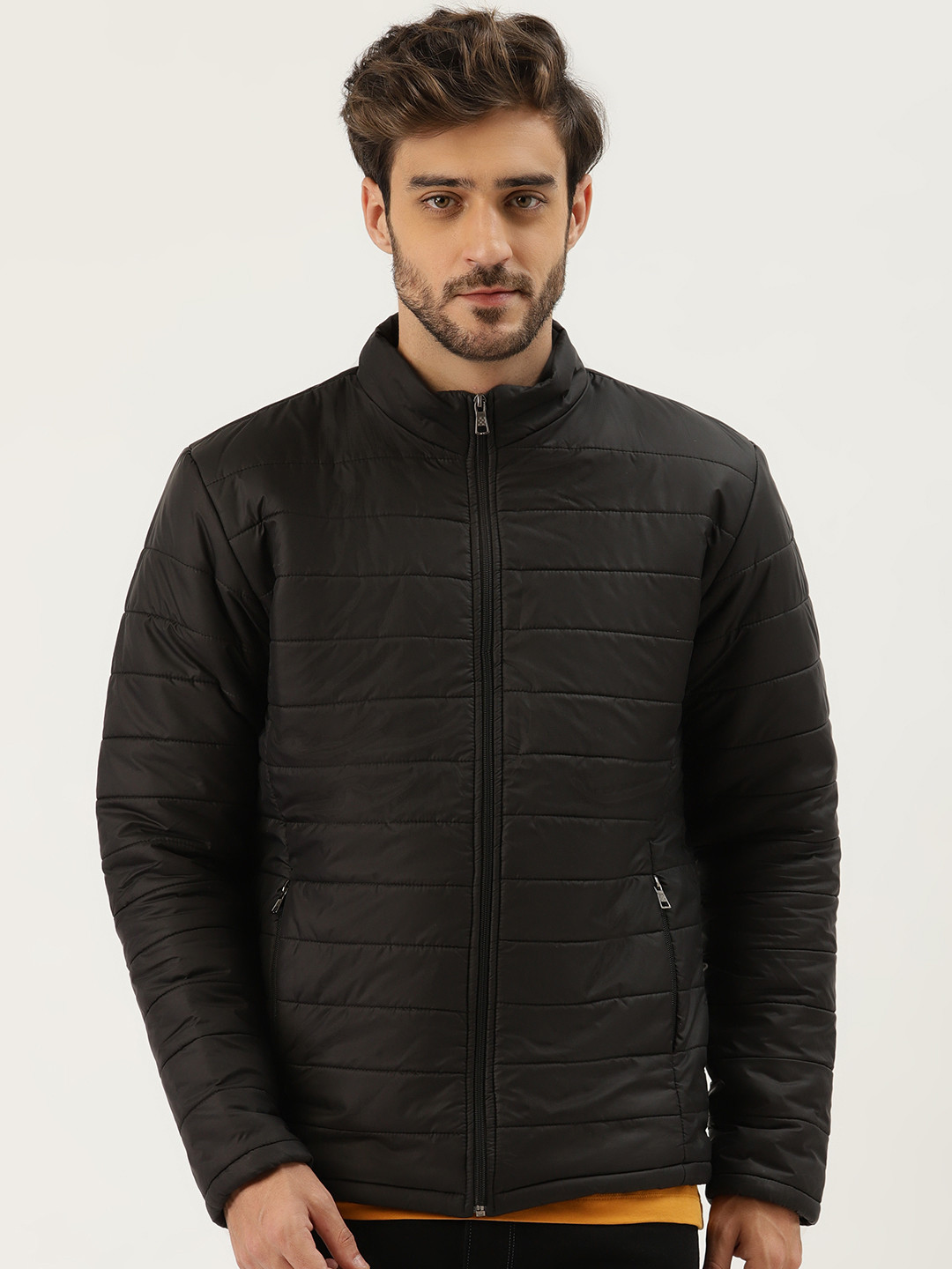 

Leather Retail Men Mock Collar Solid Casual Quilted Jacket, Black