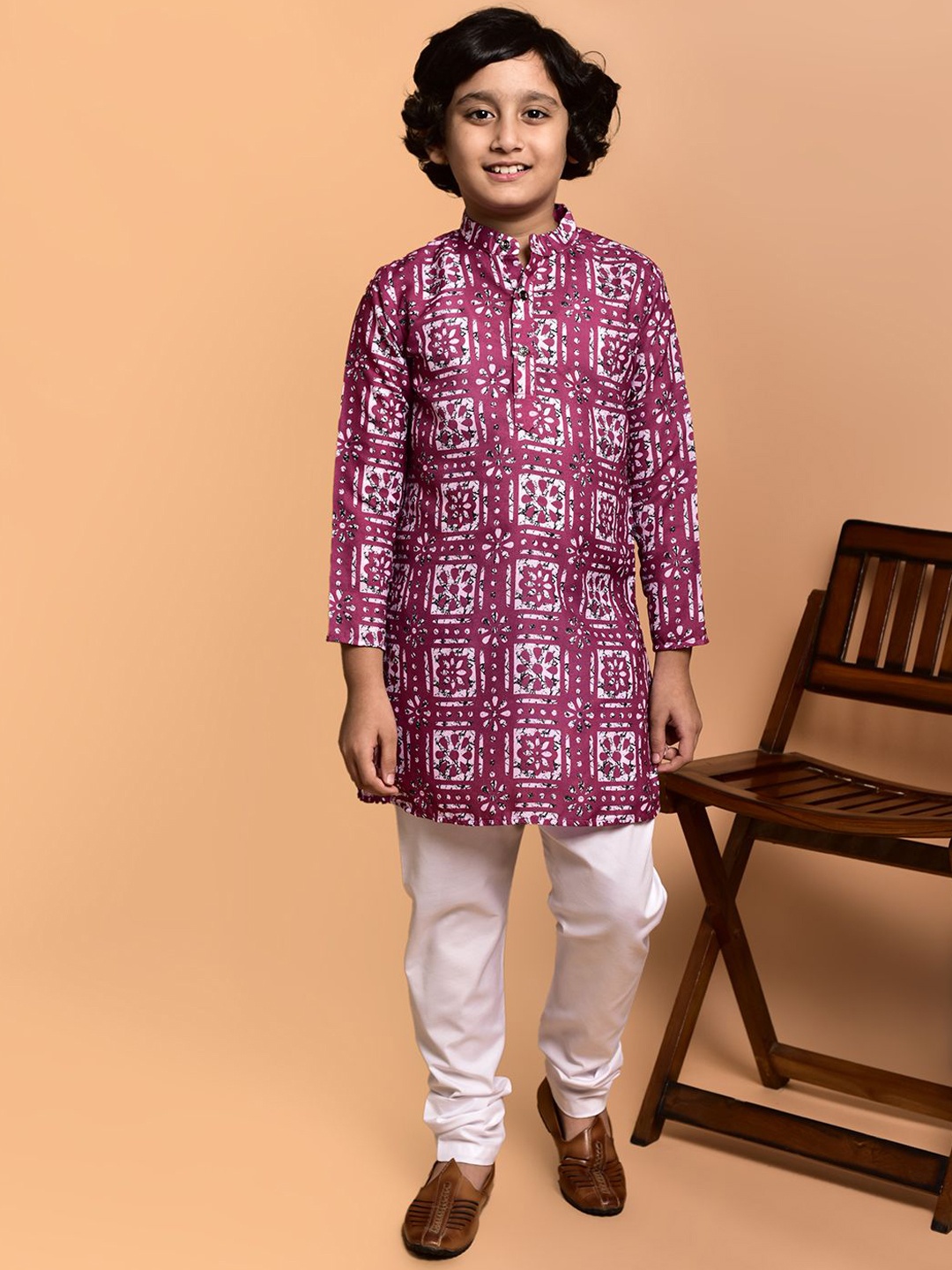 

PRINTCULTR Boys Paisley Printed Band Collar Cotton Straight Kurta, Magenta