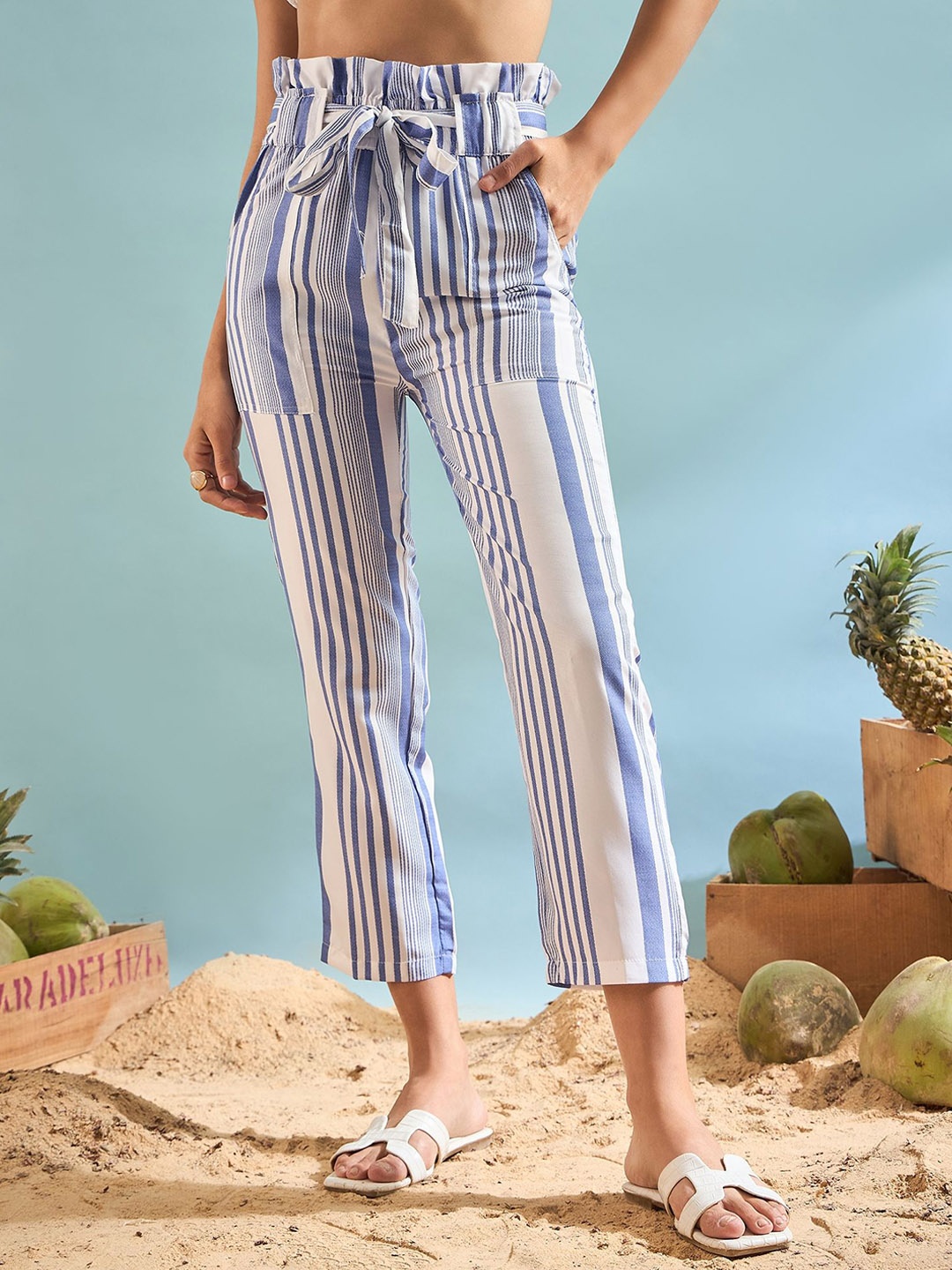 

PANIT Women Striped Classic Slim Fit High-Rise Trousers, White