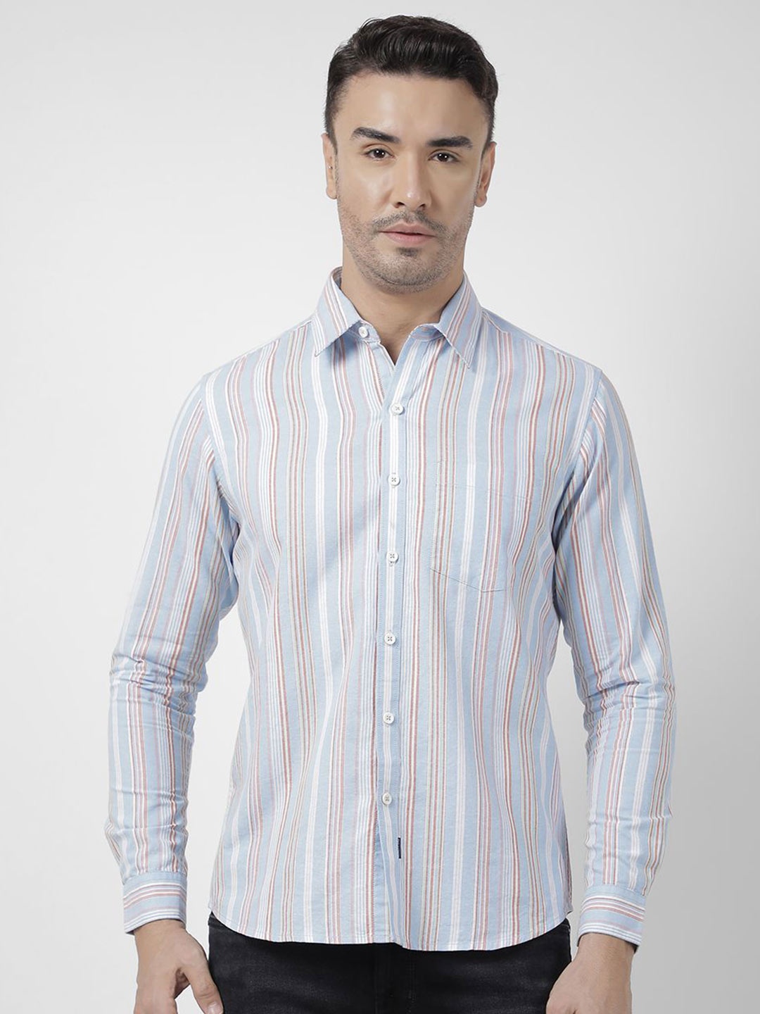 

Numero Uno Men Spread Collar Vertical Striped Cotton Slim Fit Casual Shirt, Blue