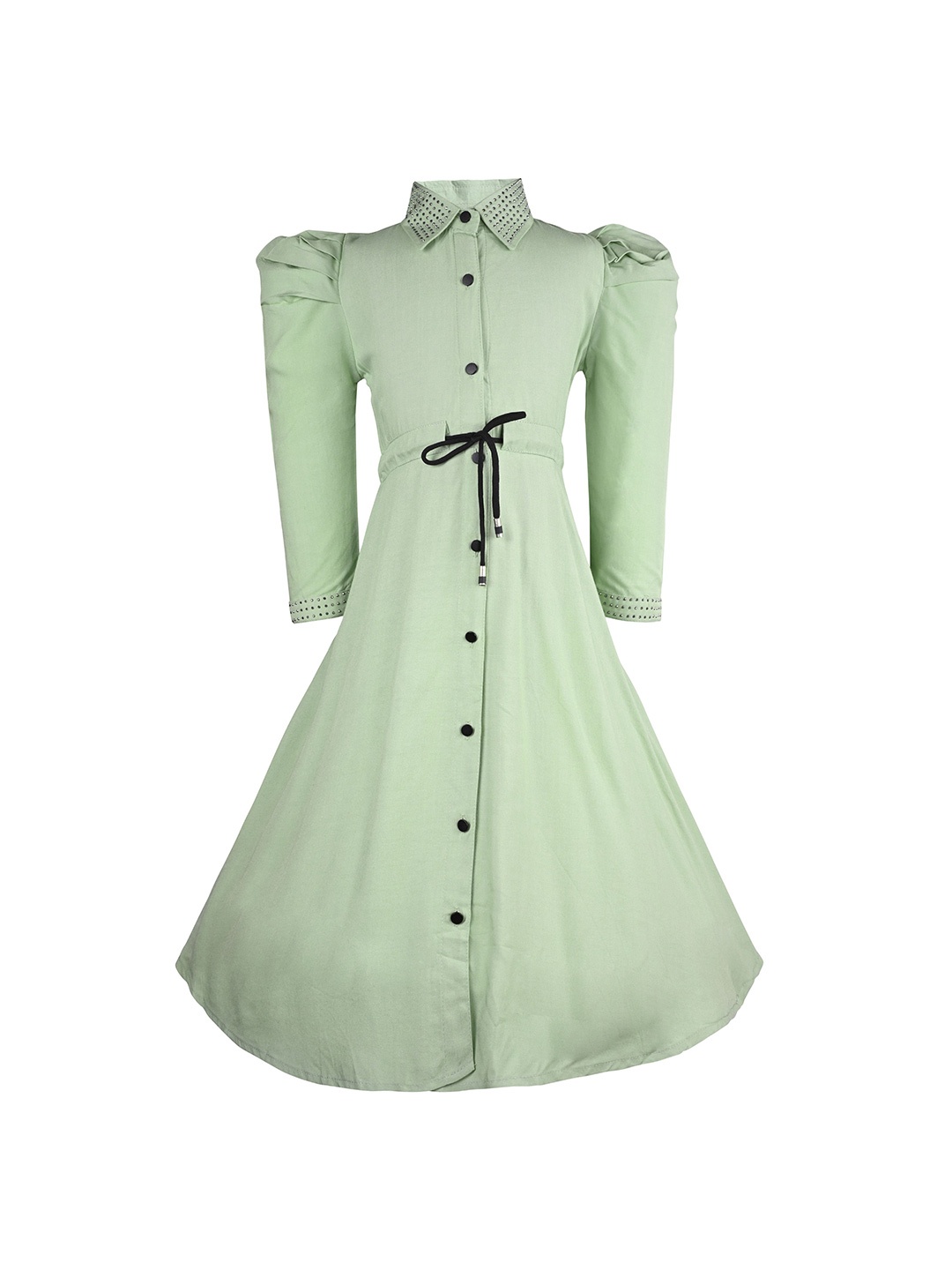 

Wish Karo Girls Shirt Collar Puff Sleeves Tie-Ups Fit & Flare Dress, Green