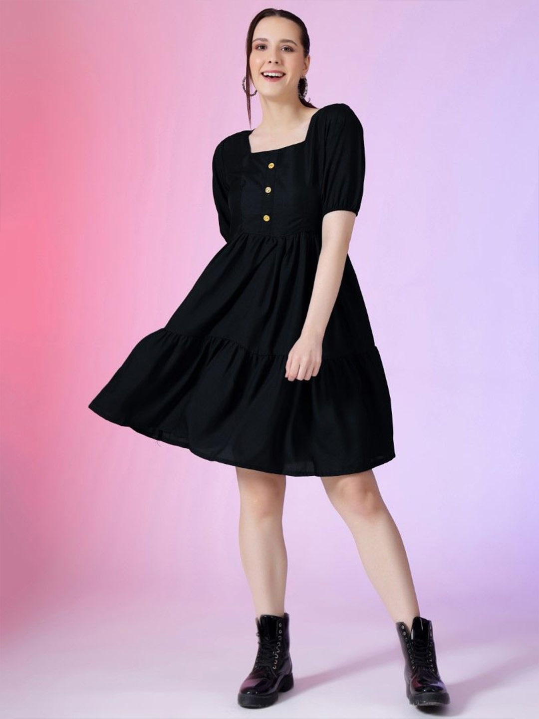 

Krunal Raiyani Women Puff Sleeve Fit & Flare Dress, Black