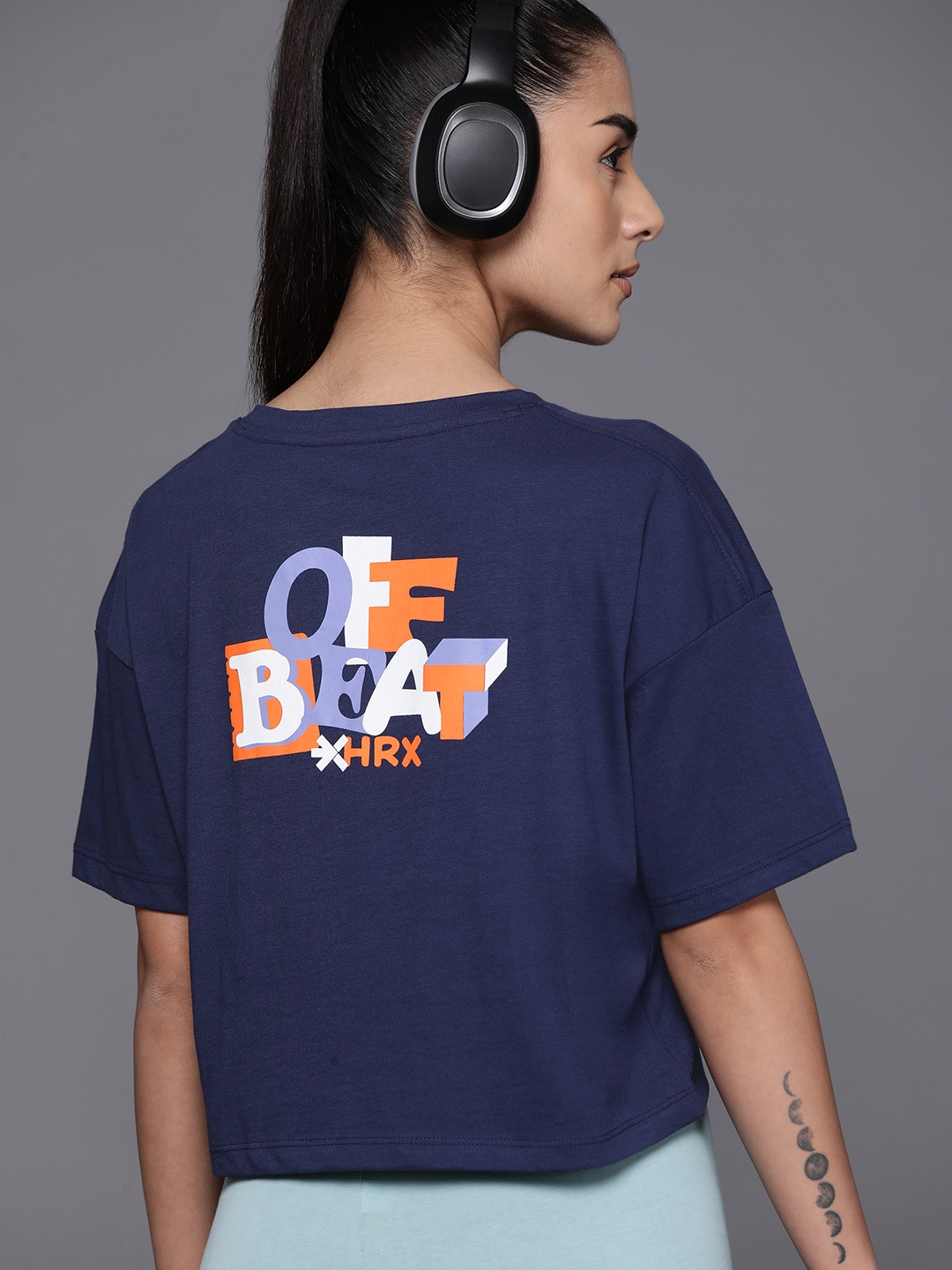 

HRX by Hrithik Roshan Typography Printed Drop-Shoulder Boxy T-shirt, Navy blue