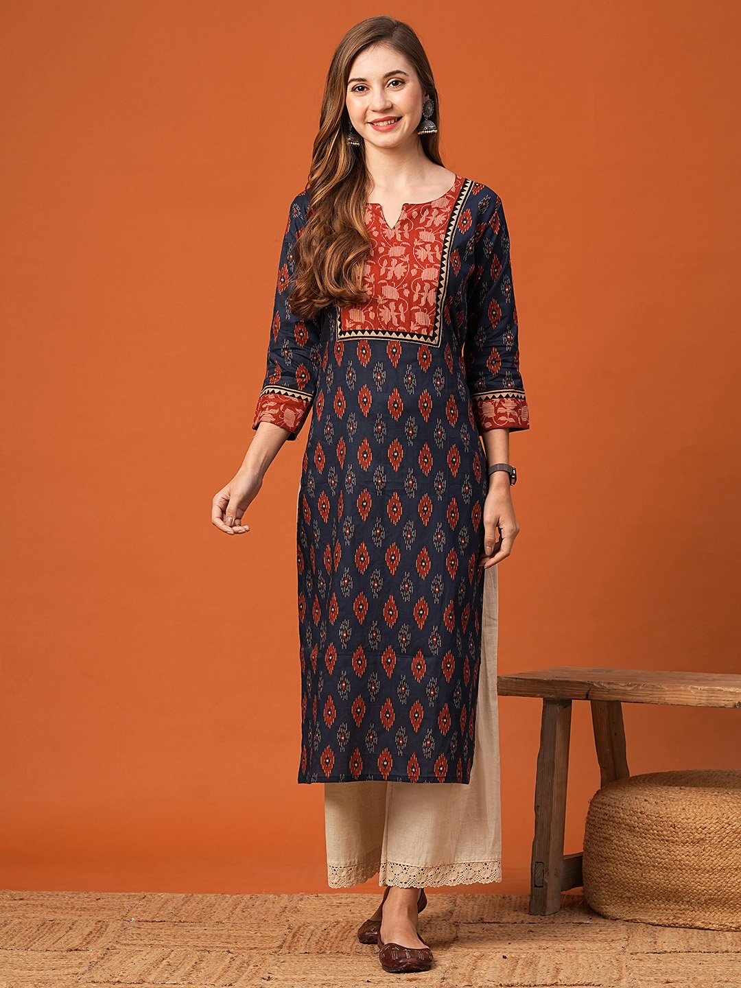 

FASHOR Women Ethnic Motifs Printed Mirror Work Kurta, Navy blue