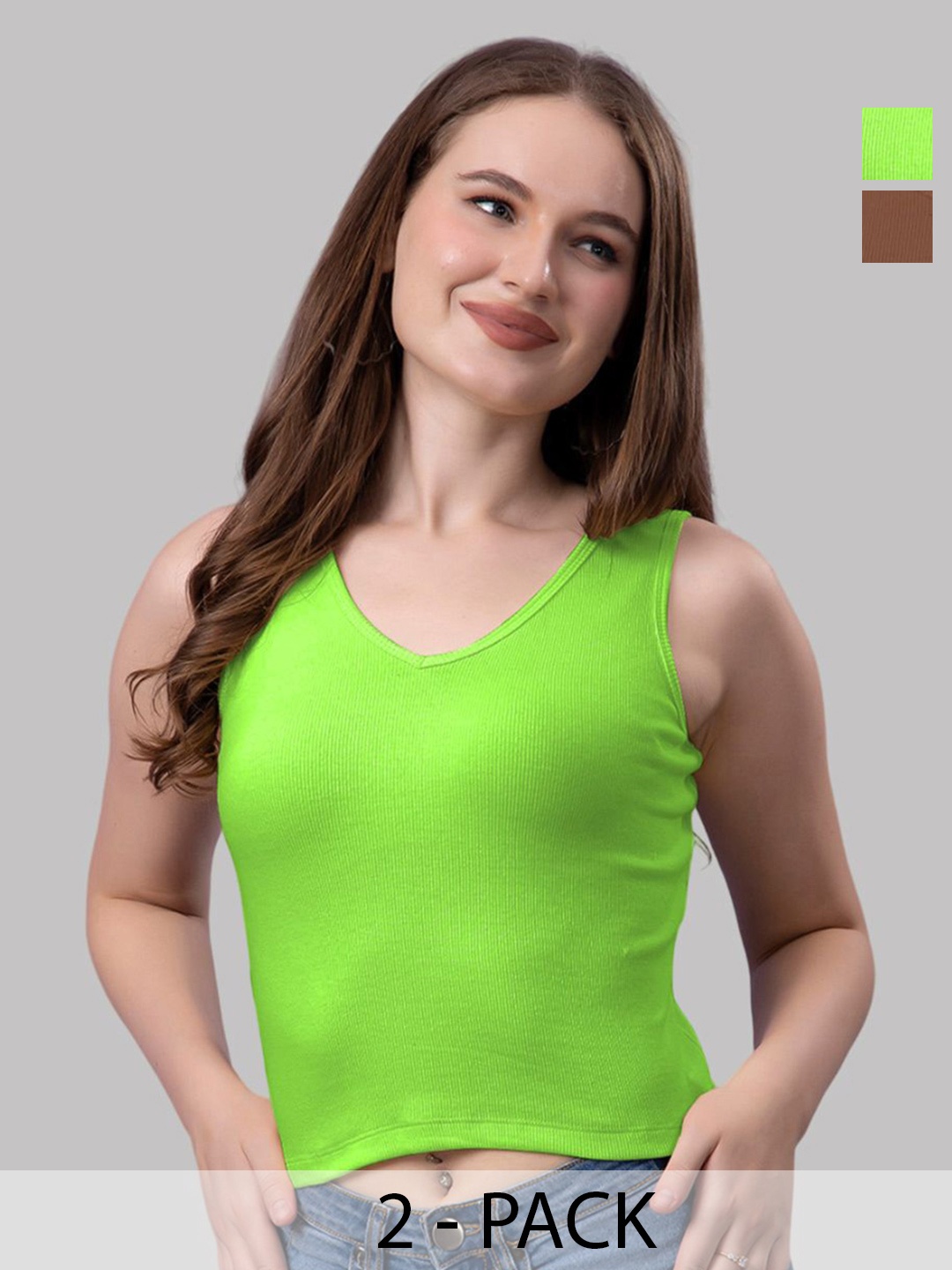 

Friskers Women Pack Of 2 Solid V-Neck Cotton Tops, Fluorescent green