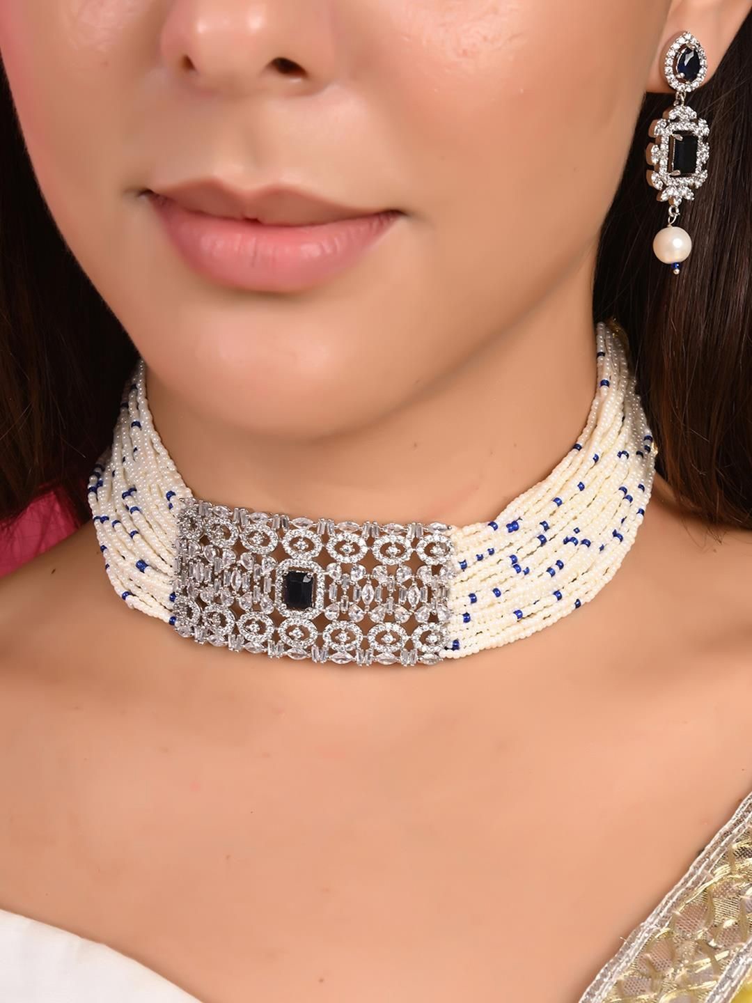 

RATNAVALI JEWELS Silver Plated CZ-Studded & Beaded Jewellery Set