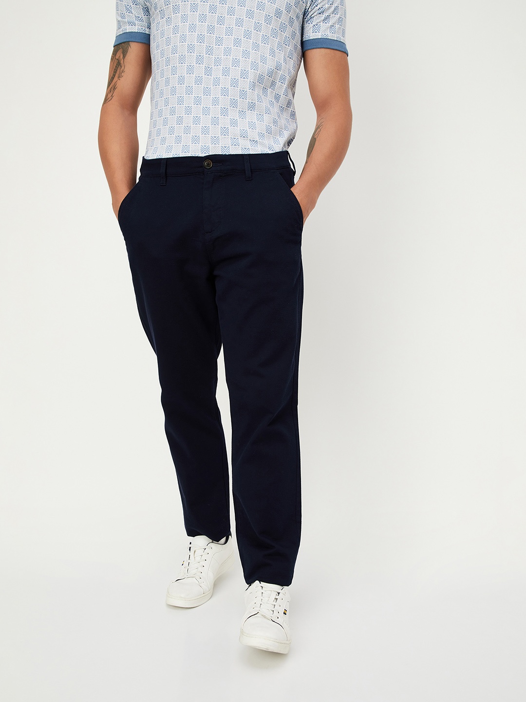 

max Men Solid Cotton Trousers, Navy blue