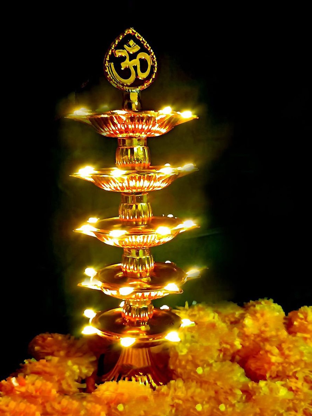 

Kuber Industries Gold Toned 2 Pieces LED 5-Layer Diya Stand for Mandir With Om Design