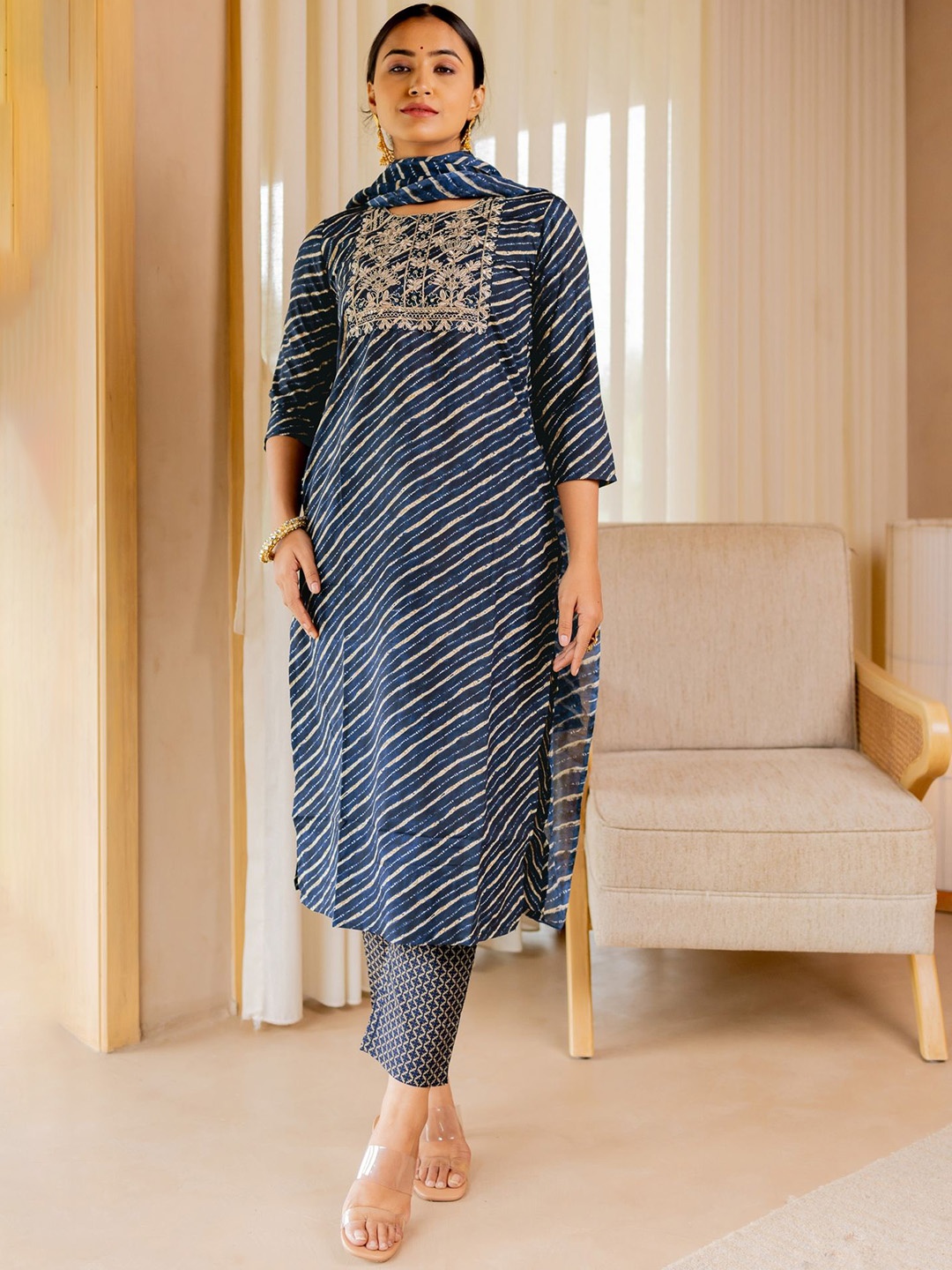 

KALINI Leheriya Printed Sequinned Kurta with Trousers & Dupatta, Navy blue