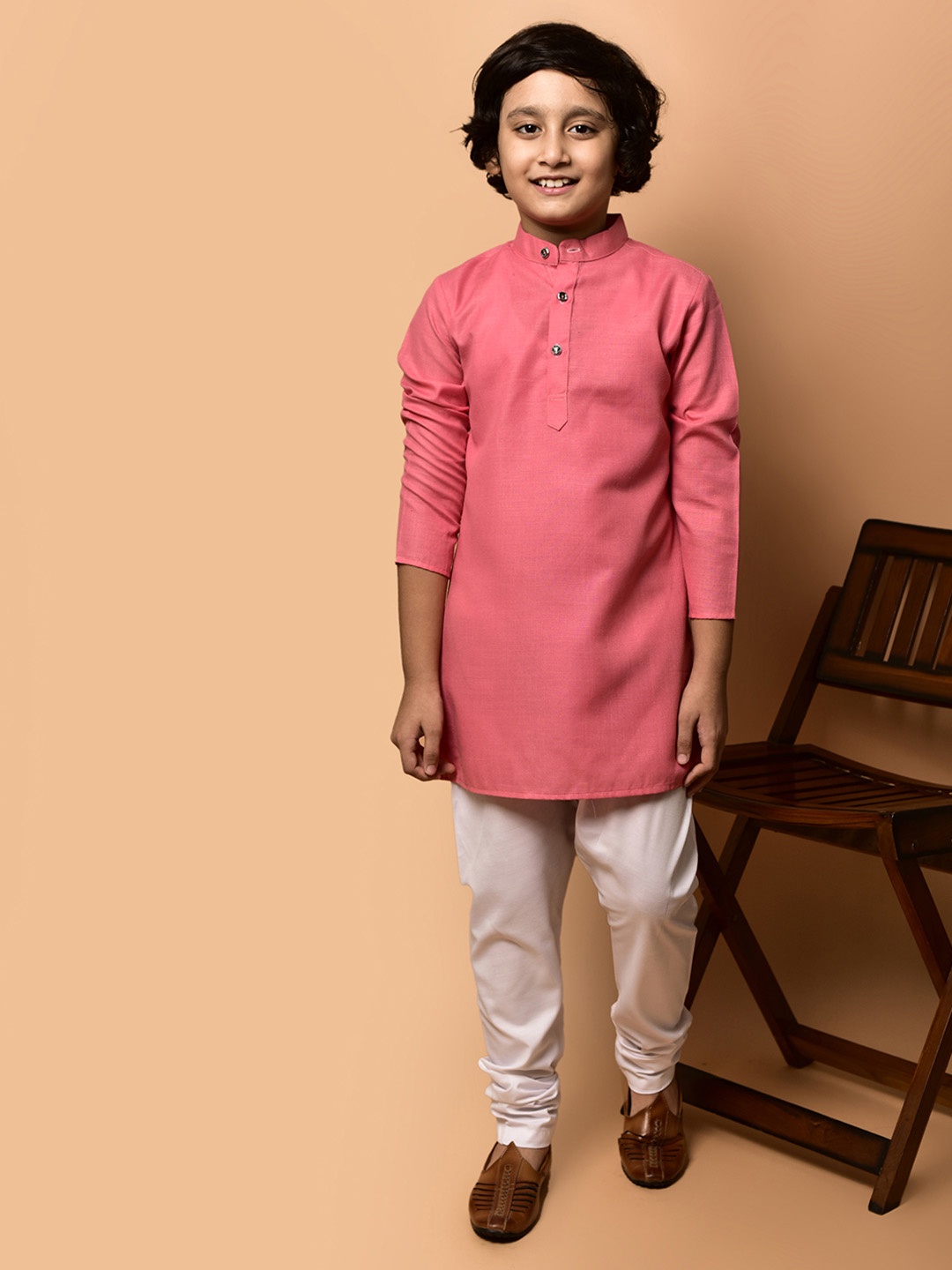 

PRINTCULTR Boys Mandarin Collar Straight Kurta with Pyjamas, Pink