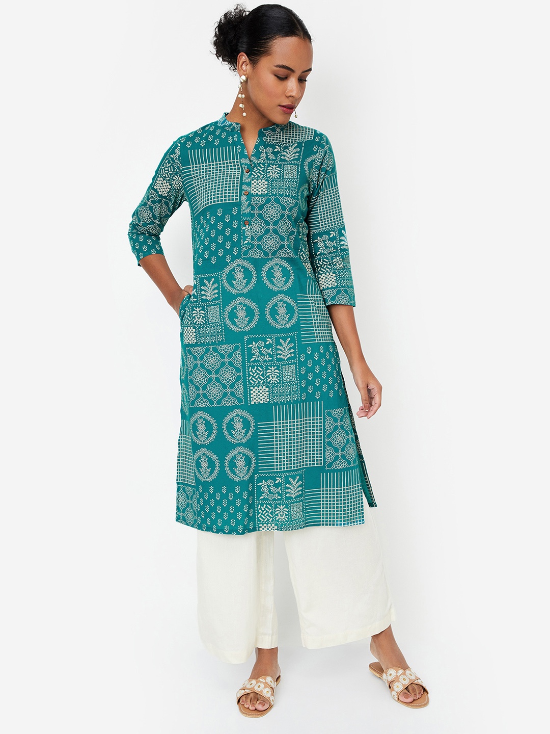 

max Ethnic Motifs Printed Mandarin Collar Straight Kurta, Green