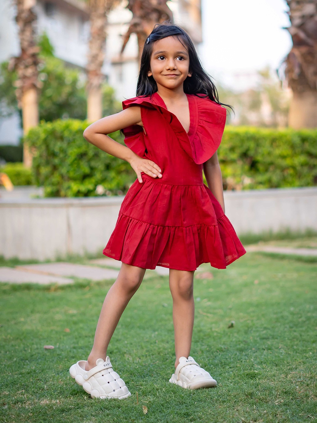 

Peekaaboo Kids Girls Ruffled Fit & Flare Dress, Maroon