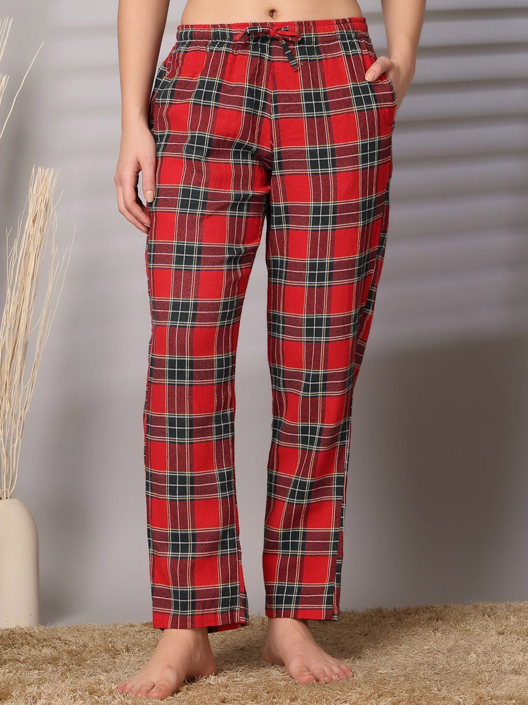 

ETC Women Checked Pure Cotton Lounge Pants, Red