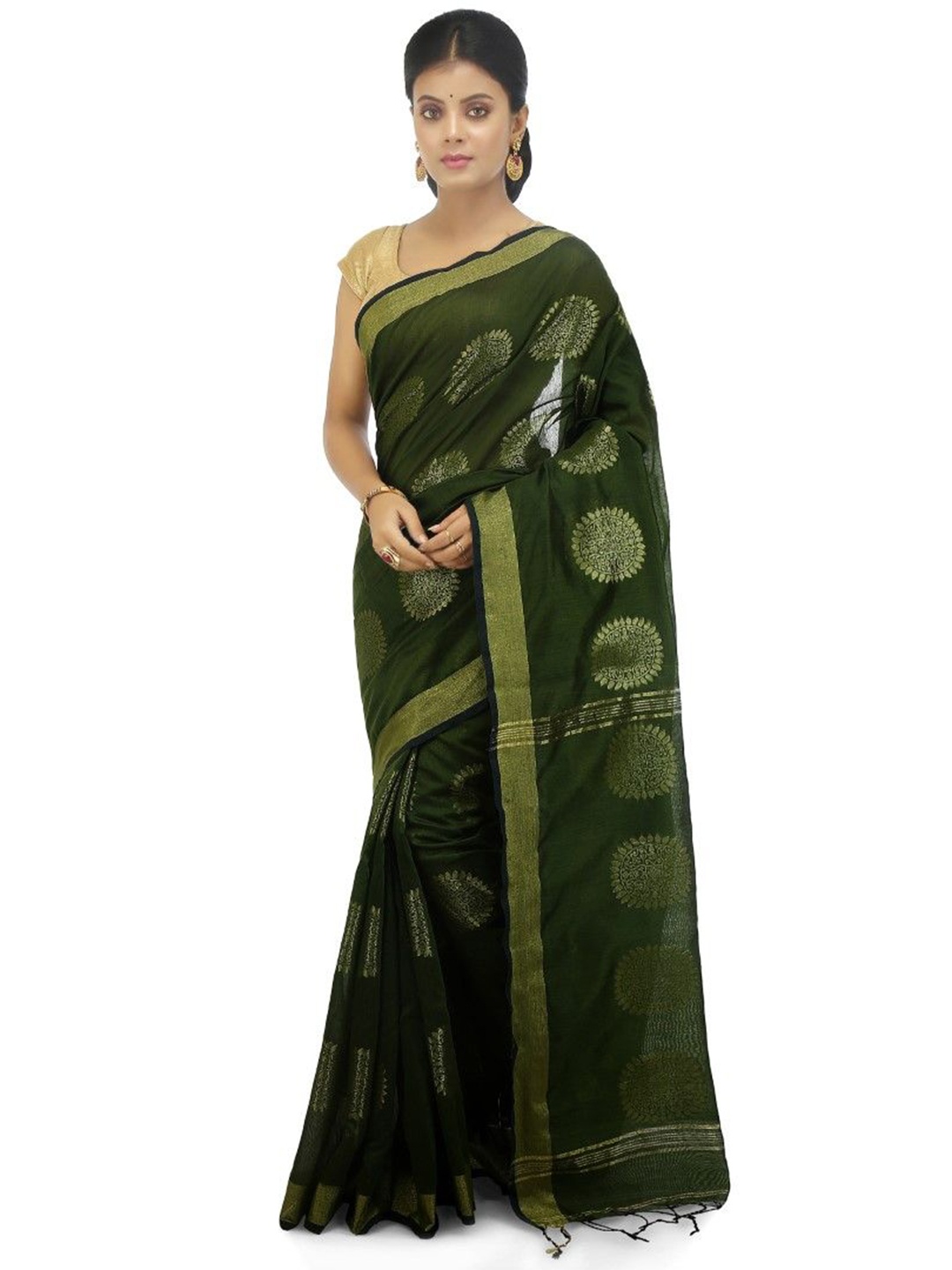 

BENGAL HANDLOOM Woven Design Zari Art Silk Taant Saree, Green