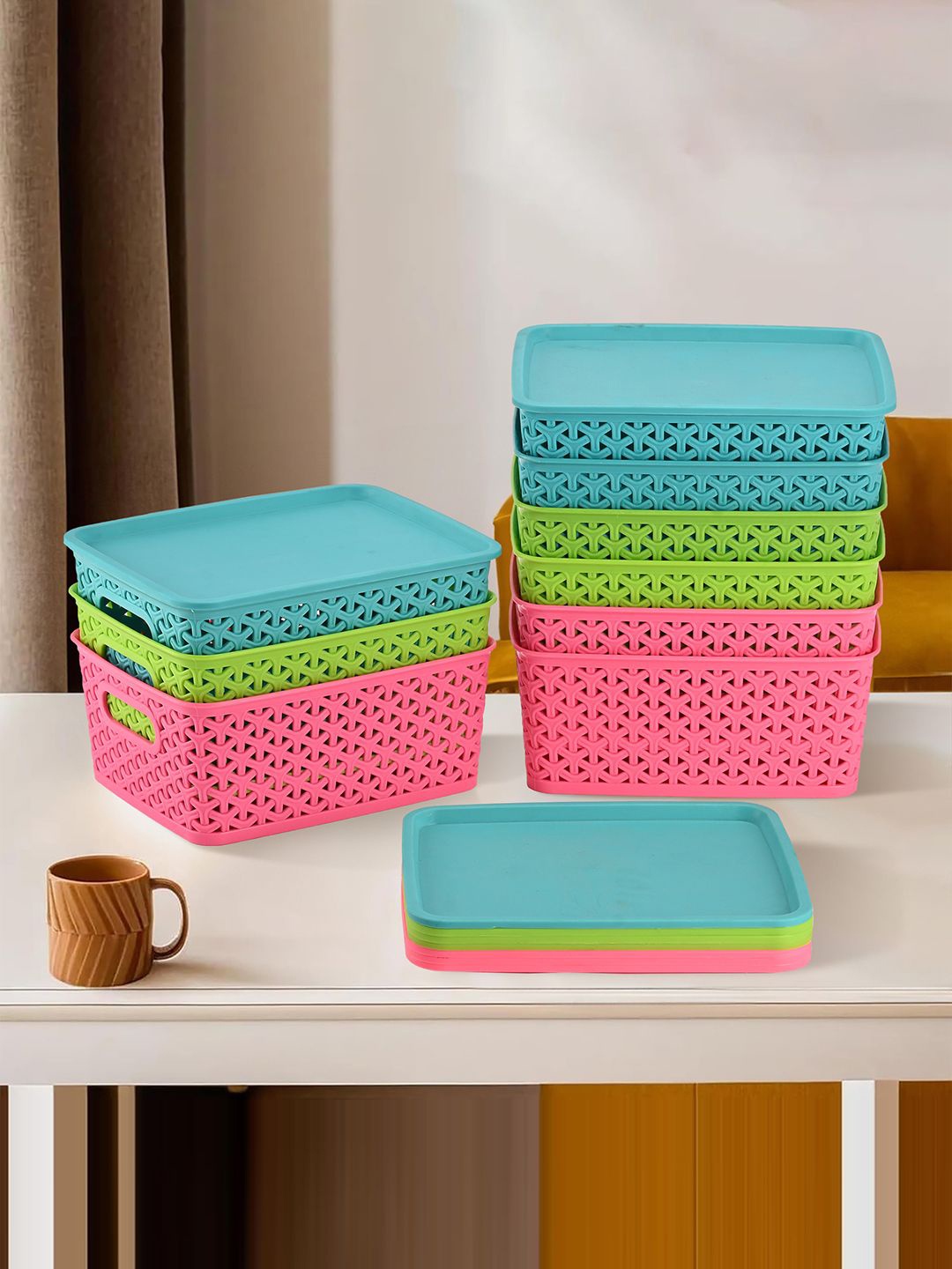 

Kuber Industries Green & Pink 9 Pieces Tote Basket Organisers