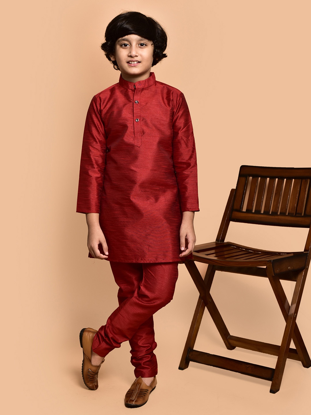 

PRINTCULTR Boys Mandarin Collar Straight Kurta with Pyjamas, Red