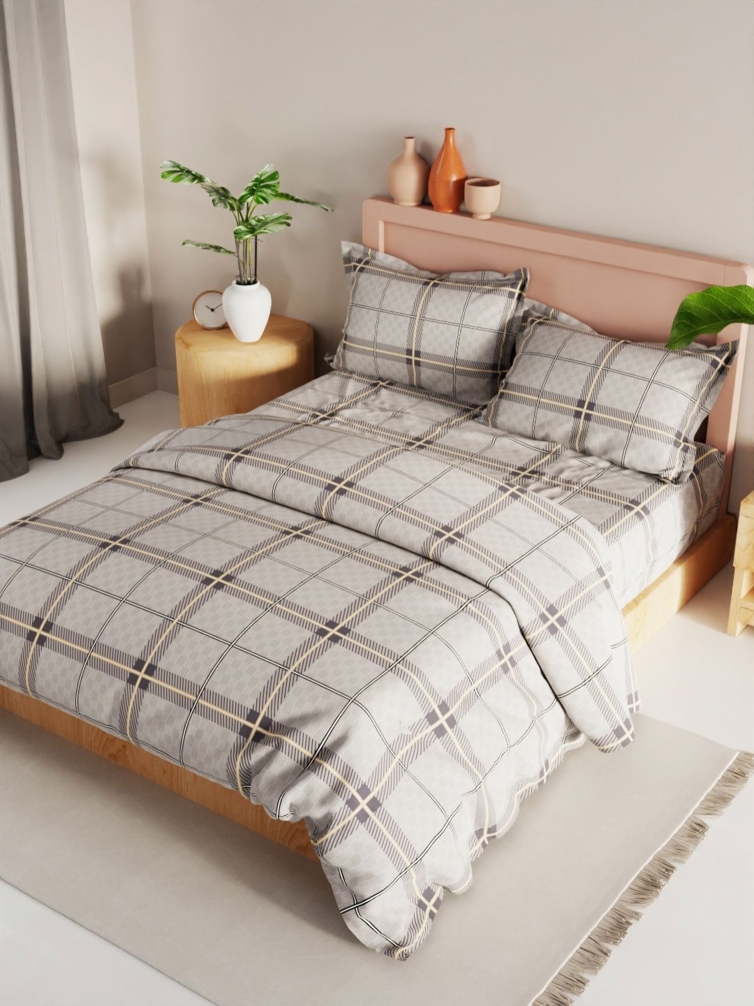 

KOPA Grey & White Checked Other 4 Piece Double King Regular Bedding Set