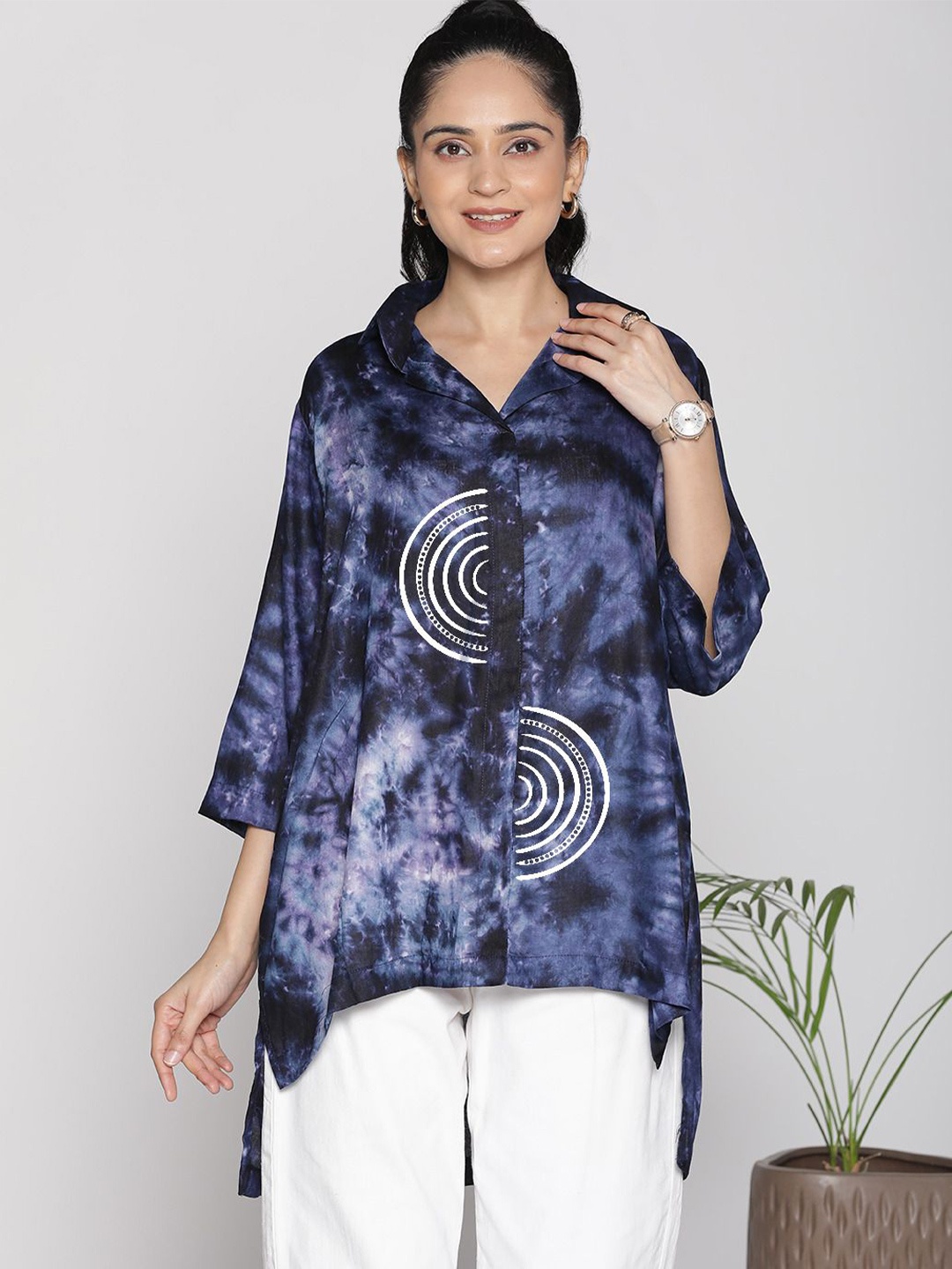 

LetsDressUp Women Tie and Dye Shirt Style Longline Top, Navy blue