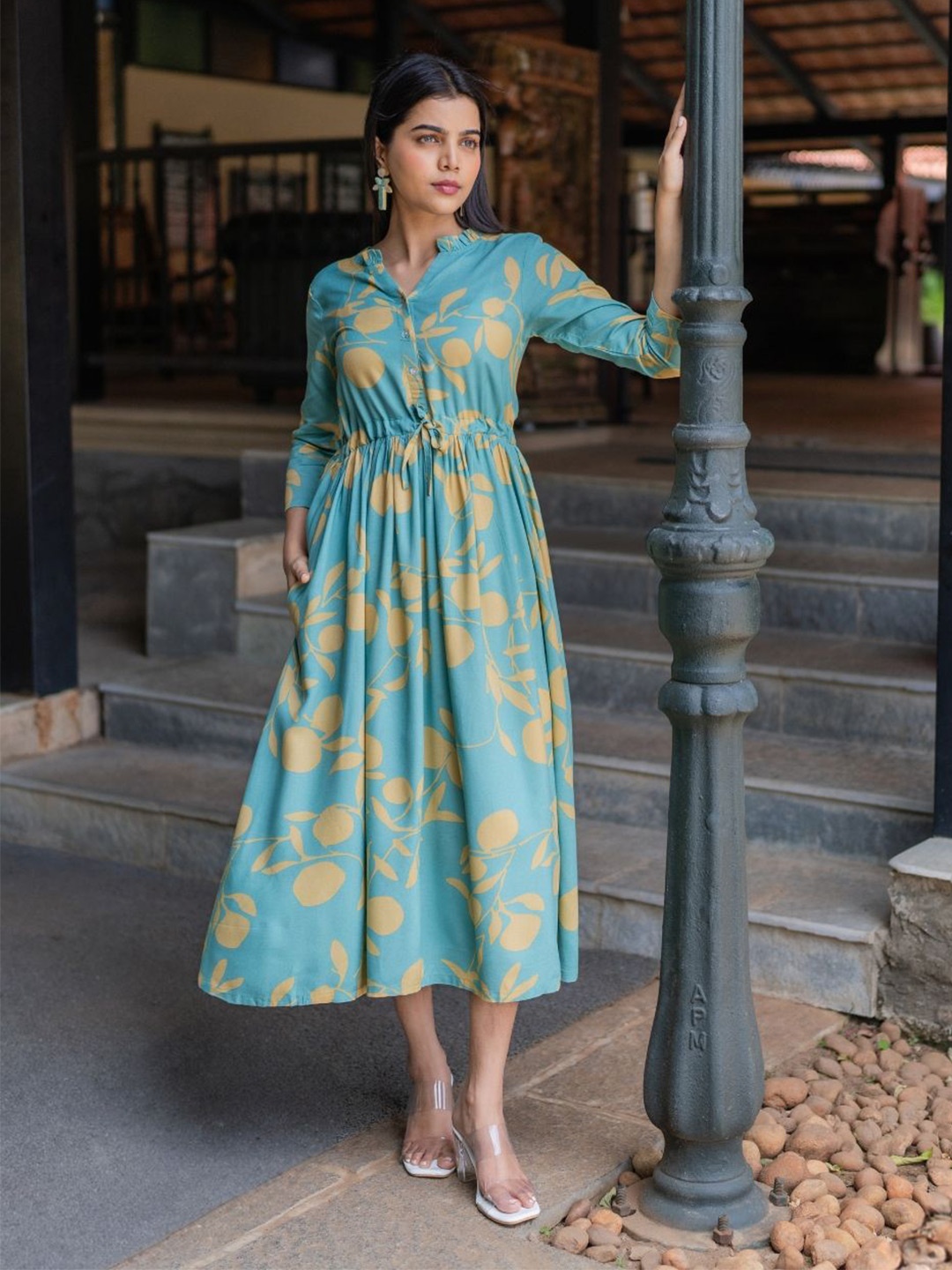 

HAY Abstract Regular Sleeves Fit and Flare Midi Dress, Green