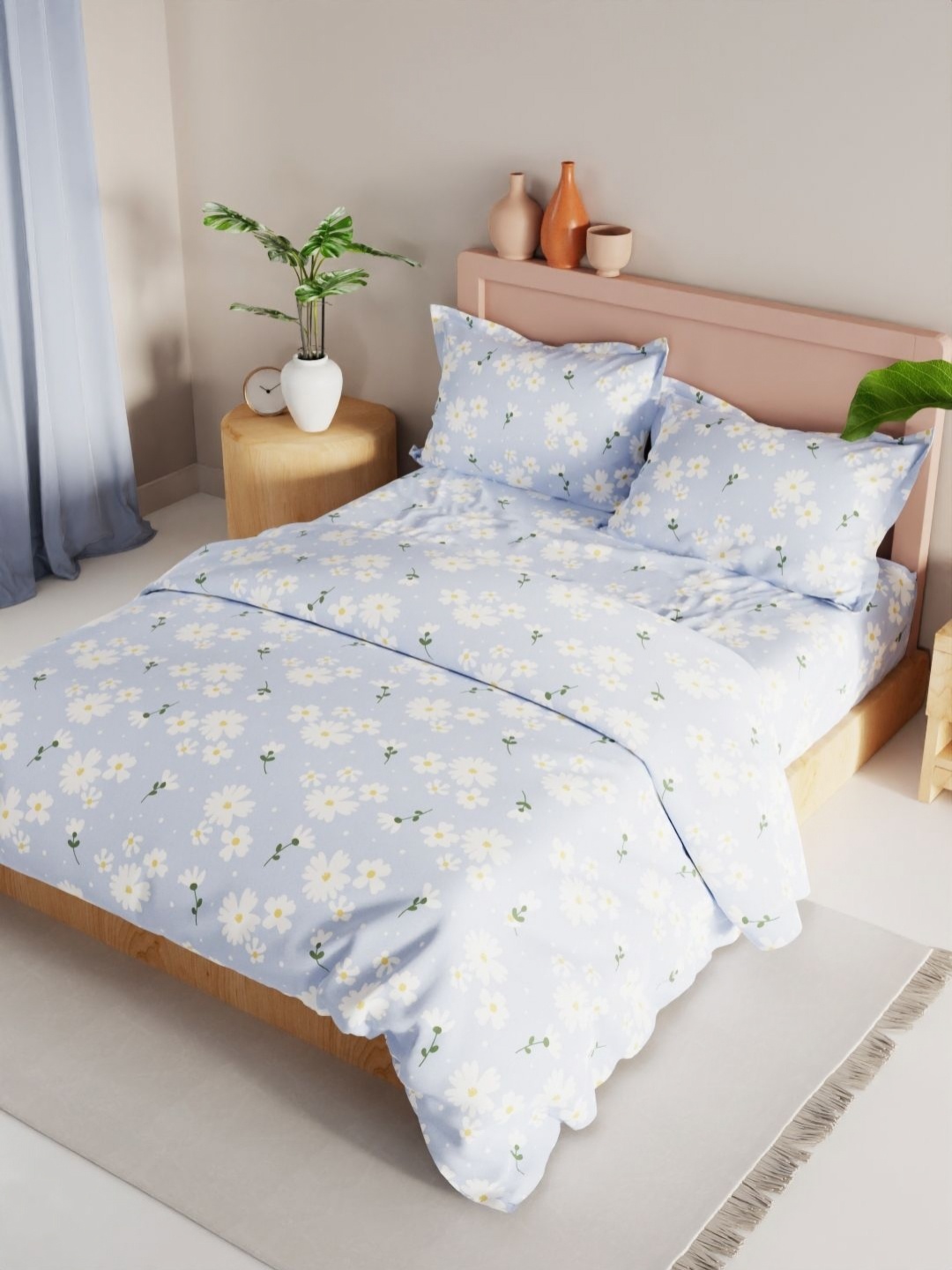 

KOPA Blue and White 4 Pieces Floral Printed Microfiber Double Queen Regular Bedding Set