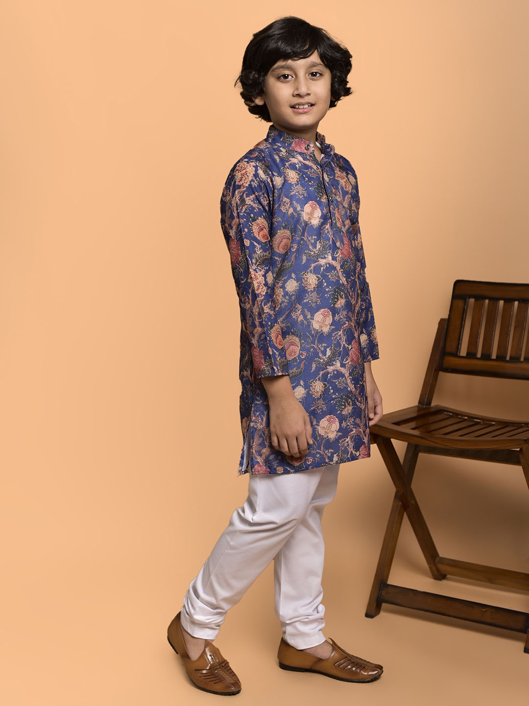 

PRINTCULTR Boys Floral Printed Mandarin Collar Straight Kurta With Churidar, Blue